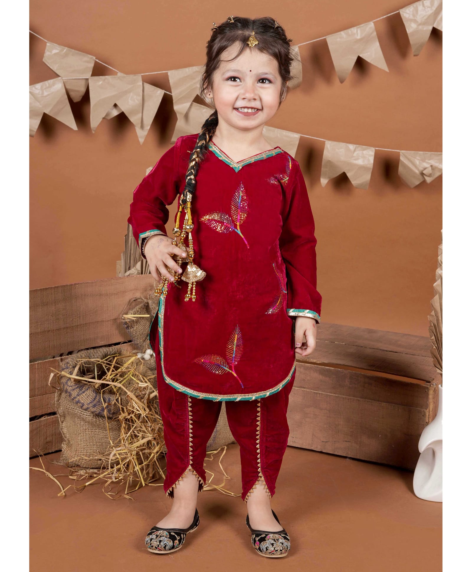 Titrit Velvet Woven Full Sleeves Sequins & Gota Lace Embellished Leaves Embroidered Kurti & Dhoti Set - Red-picture-3