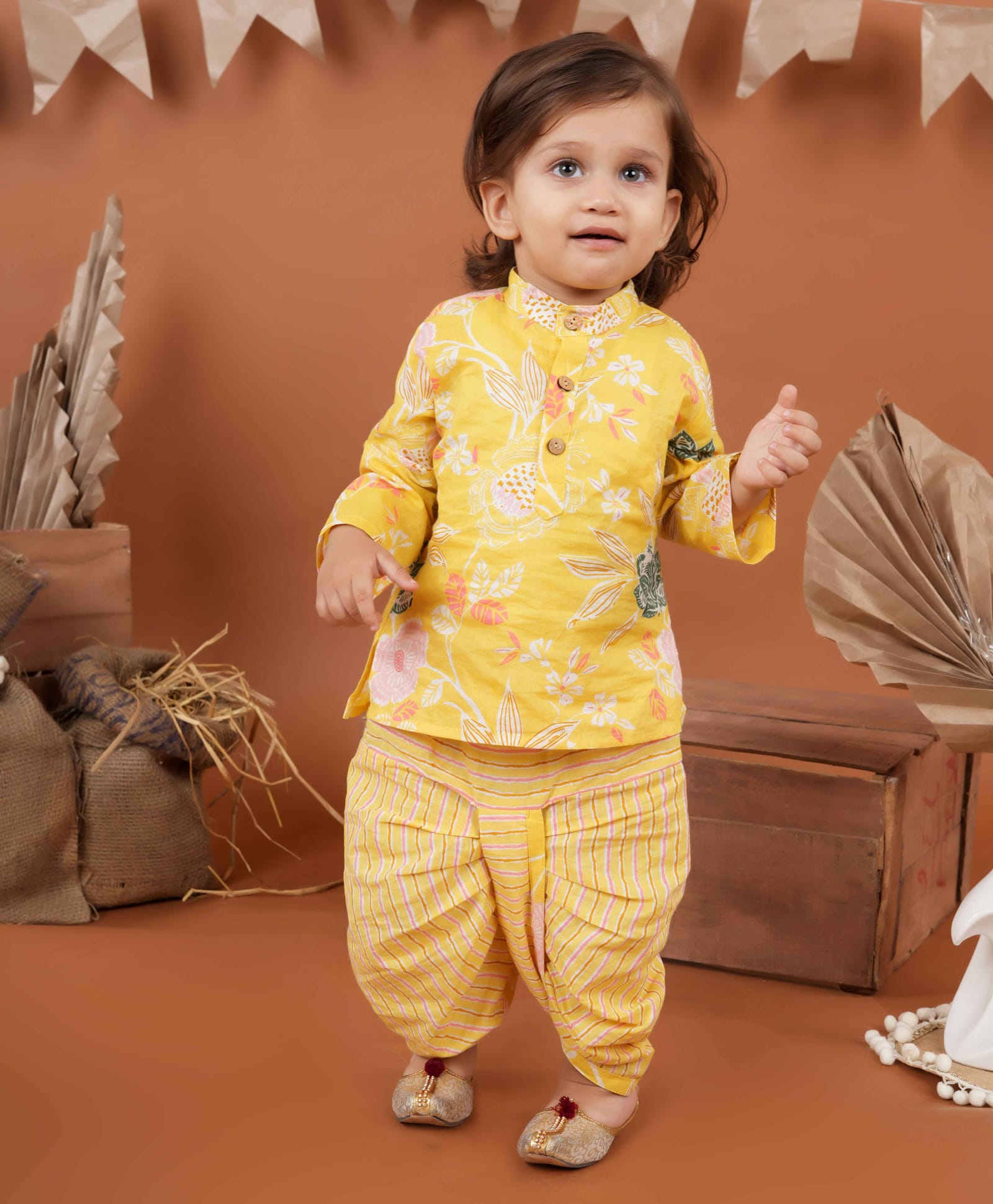 Titrit Cotton Woven Full Sleeves Floral & Leheriya Printed Dhoti Kurta Set - Yellow-picture-41