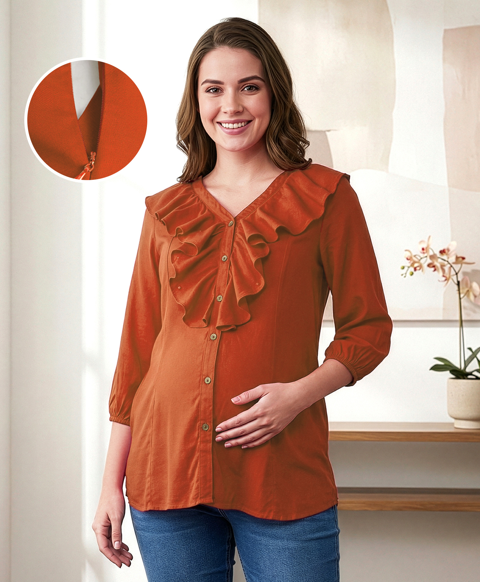 Bella Mama Woven Three Fourth Sleeves Solid Colour Maternity Top with Ruffle Detailing - Rust Orange-image-40