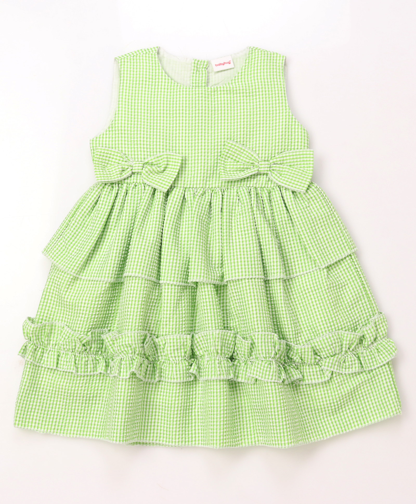 Babyhug Cotton Woven Sleeveless Checked Frock With Bow Applique - Light Green-image-20