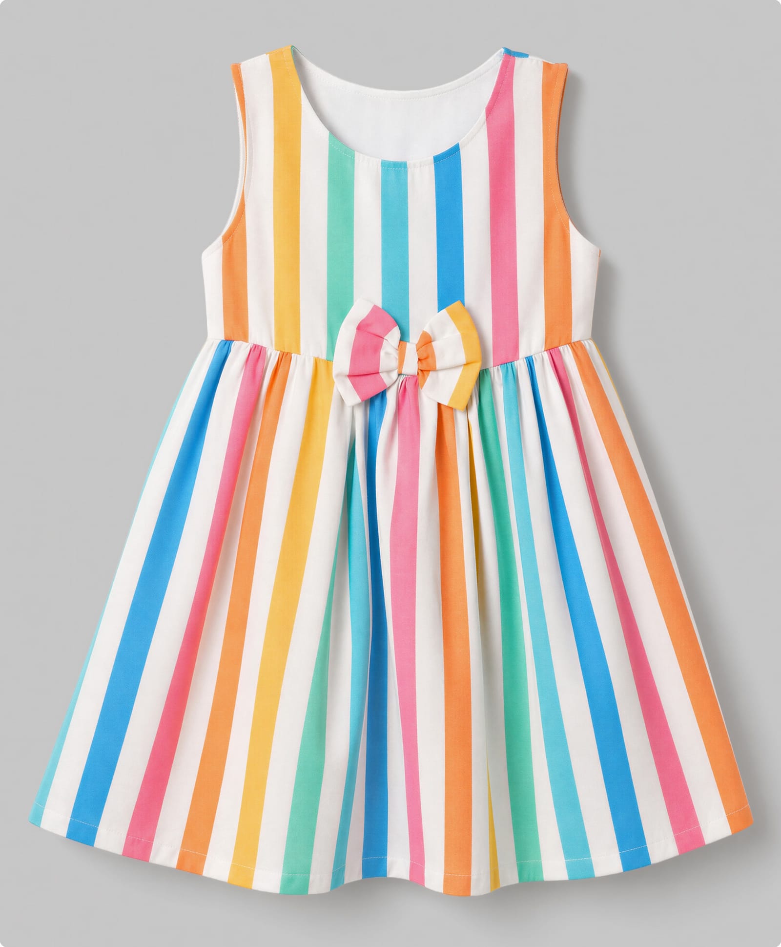 Babyhug Cotton Woven Sleeveless Striped Printed Dress With Bow Applique - White-image-9