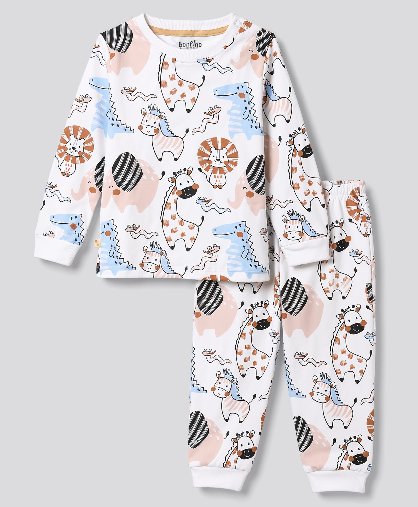 Bonfino 100% Cotton Knit Full Sleeves T-Shirt & Pyjama Co-Ord Night Suit With Animal Print - Offwhite-picture-15