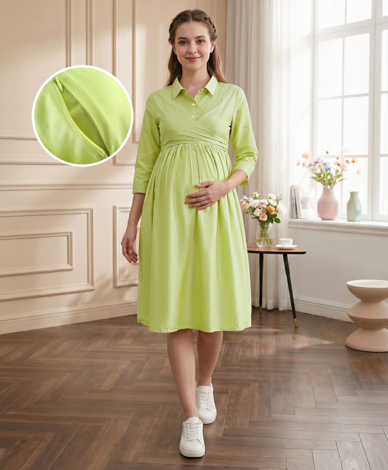 Bella Mama Woven Three Fourth Sleeves Maternity Solid Colour Shirt Dress - Beige-picture-18