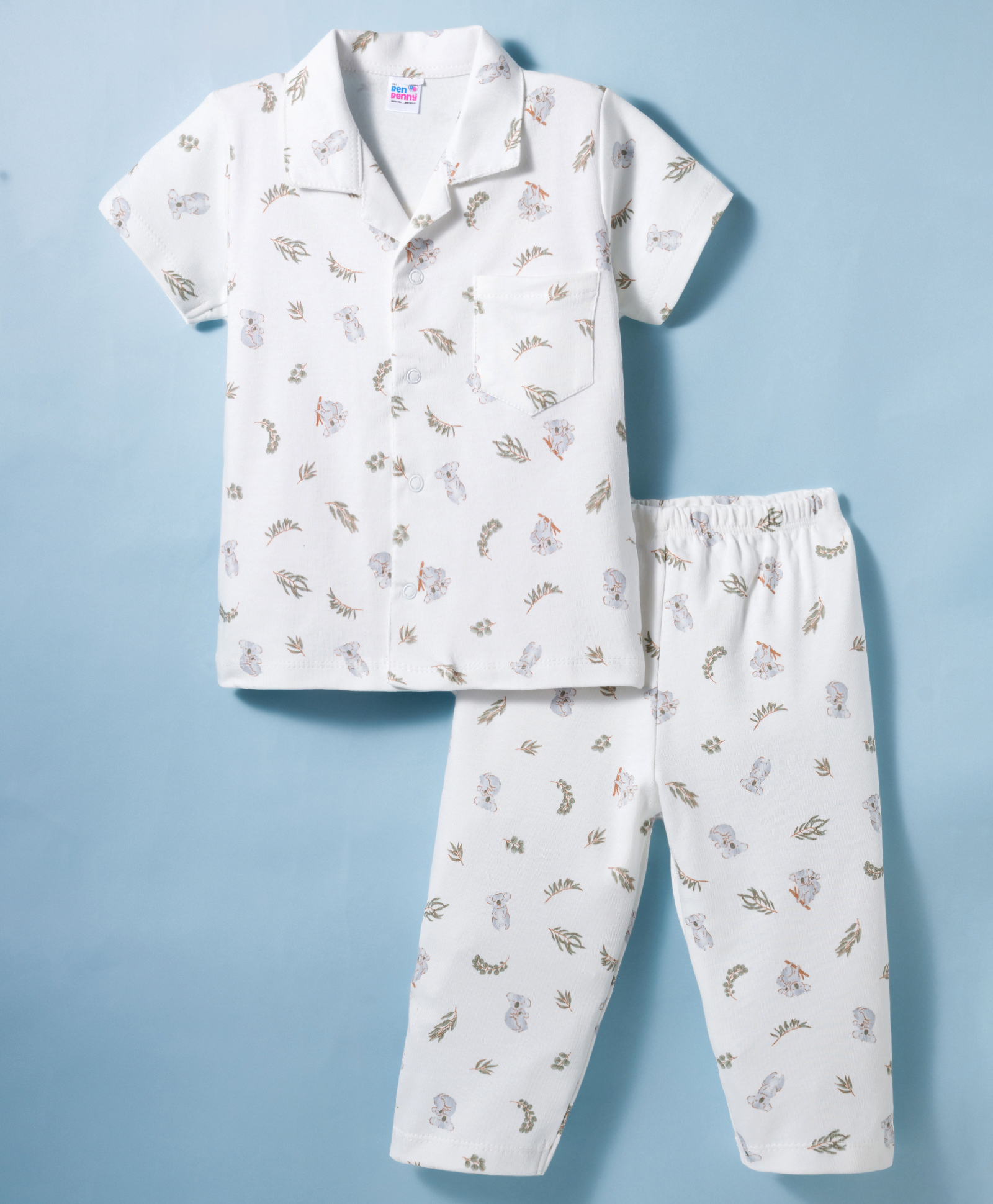 Ben Benny Interlock Knit Half Sleeves Shirt & Pyjama Co-ord Night Suit With Koala Print - White-picture-35