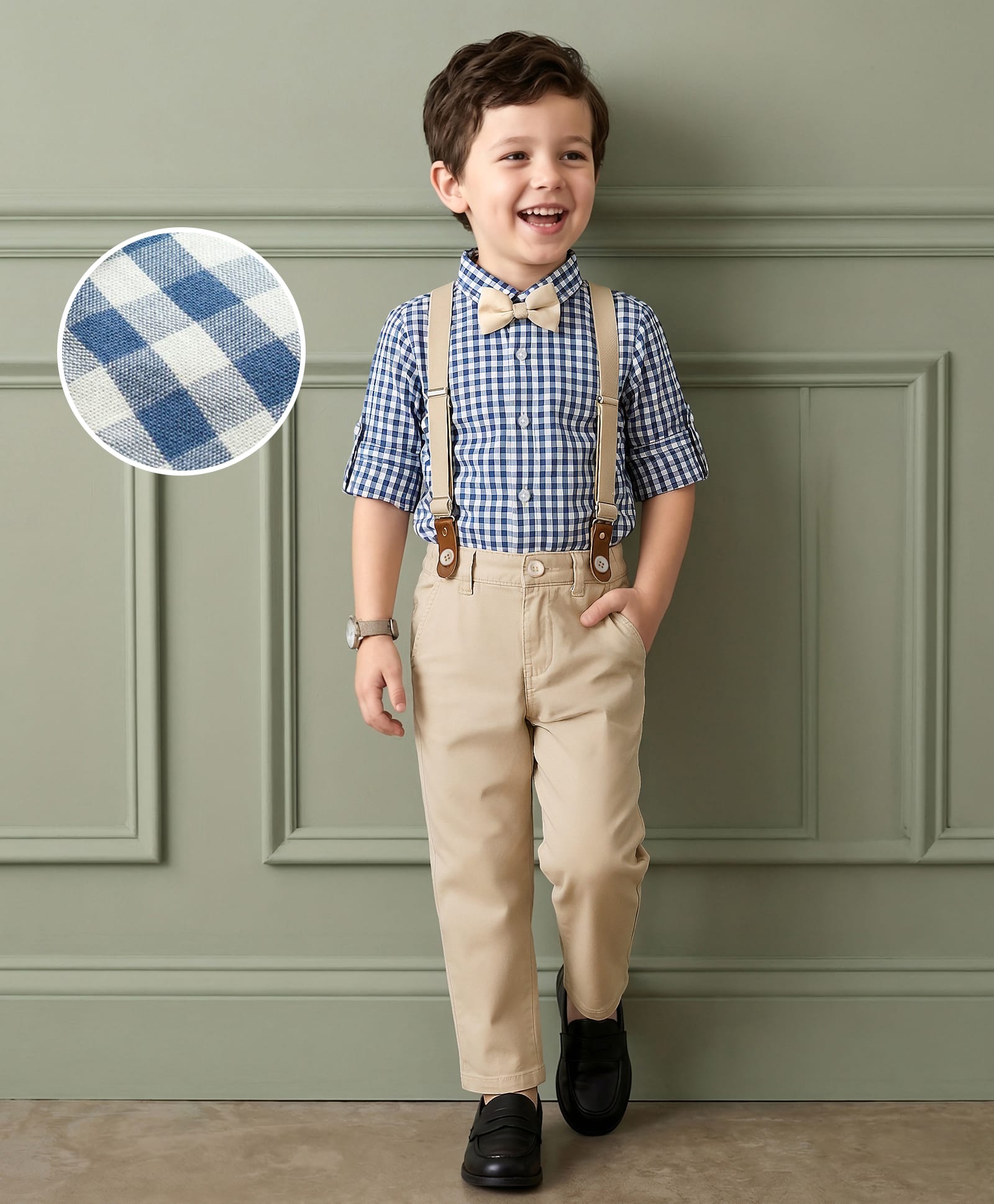 Mark & Mia Cotton Woven Full Sleeves Checkered Party Shirt & Trouser Set with Attached Bow & Suspender - Blue & Beige-picture-24