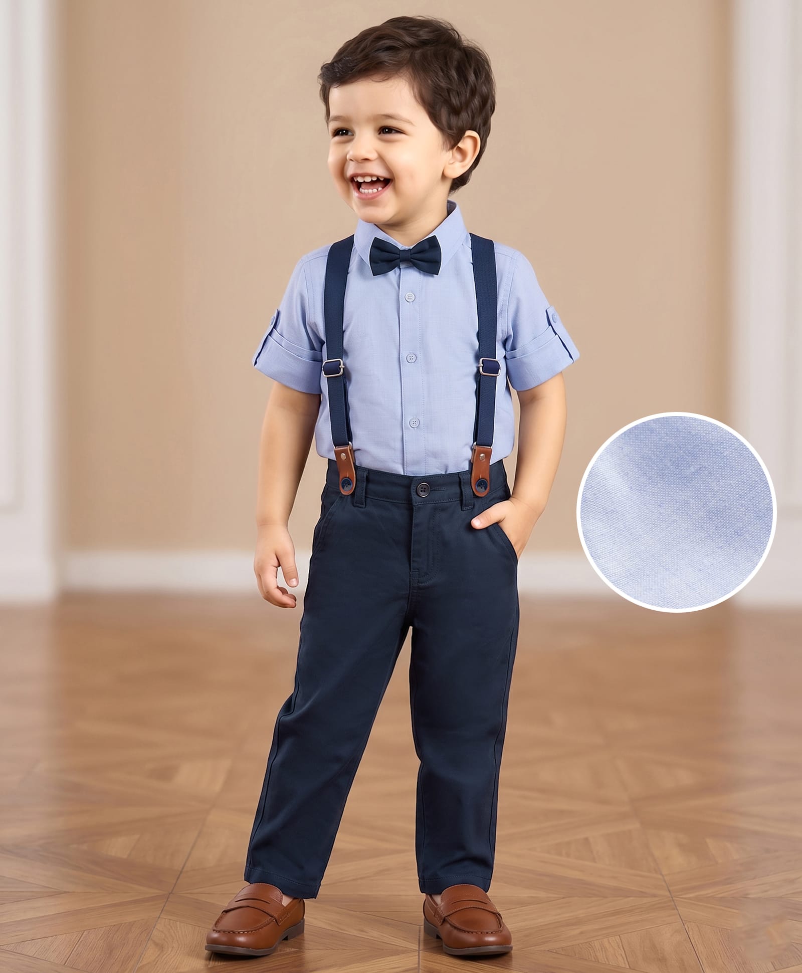 Mark & Mia Cotton Woven Full Sleeves Solid Party Wear Shirt & Pant With Suspender & Bow - Navy &light Blue-picture-19