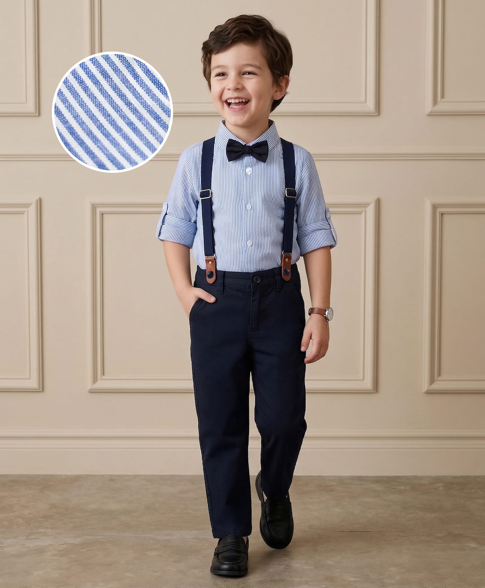Mark & Mia Cotton Woven Full Sleeves Striped Party Shirt & Trouser Set with Bow & Suspender - Navy Blue-picture-21