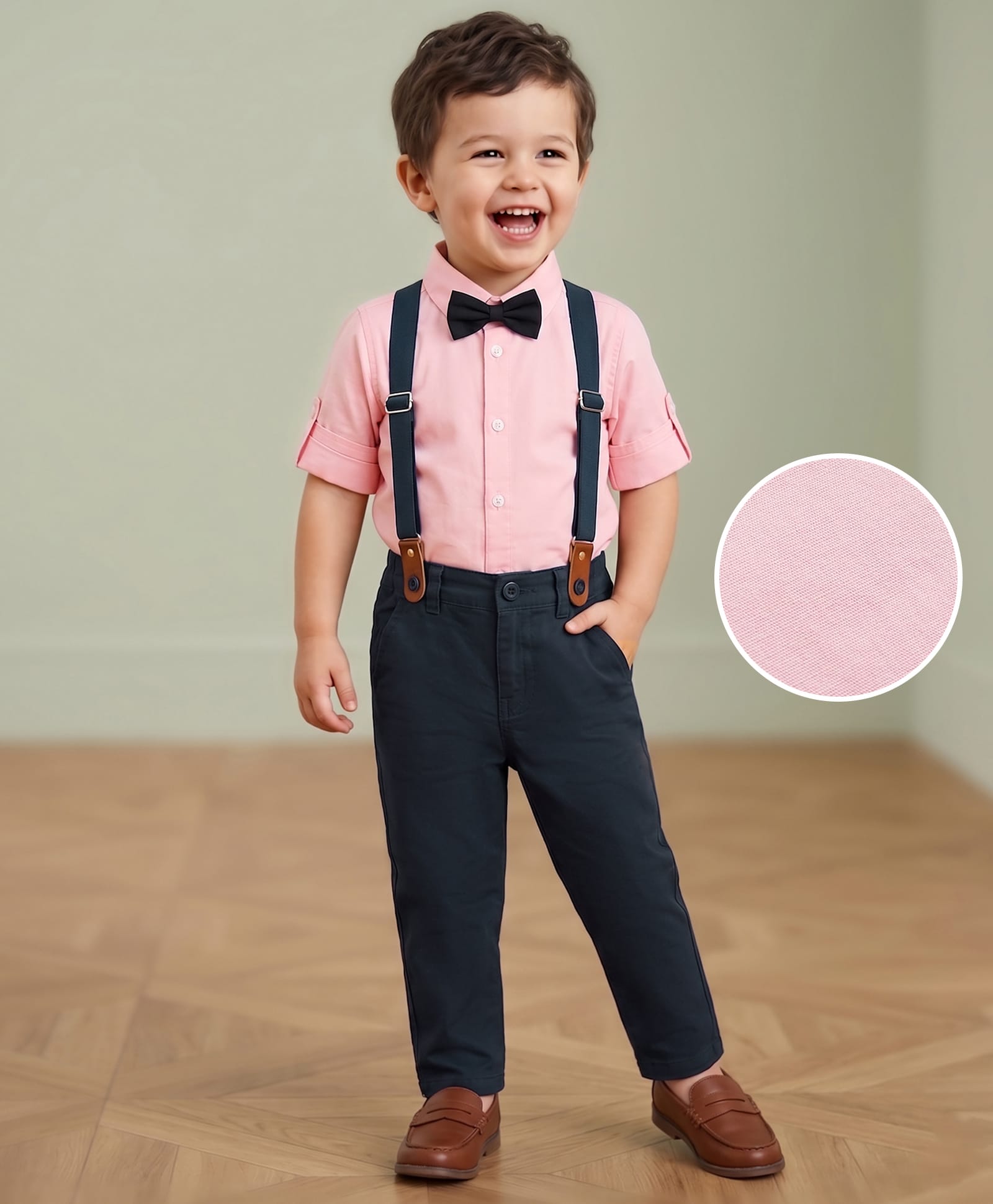 Mark & Mia Cotton Woven Full Sleeves Solid Party Wear Shirt & Pant Set With Susupender & Bow - Pink & Navy Blue-picture-10