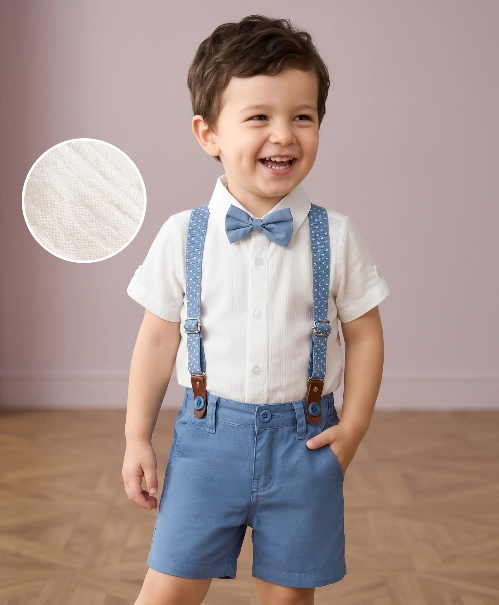 Mark & Mia Cotton Woven Half Sleeves Solid Shirt & Shorts With Bow & Suspender - Multicolor-picture-16