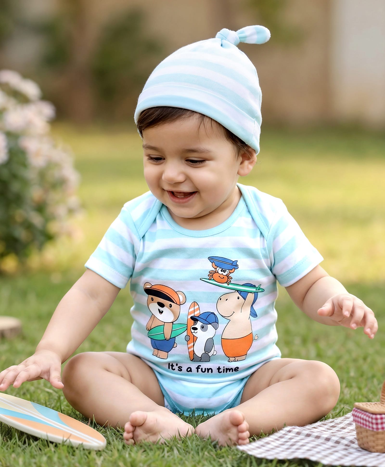 Babyhug 100% Cotton Knit Half Sleeves Striped Onesie with Cap & Animal Print - Multicolor-image-21