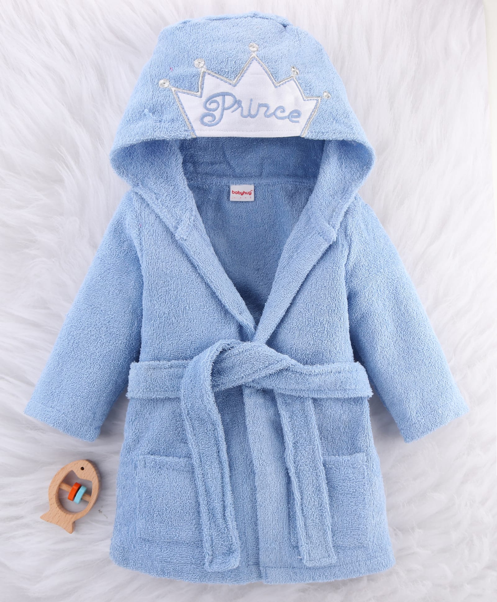 Babyhug Velour Knit Terry Microfiber Unisex Bath Robe With Hood & Prince Embroidery - Blue