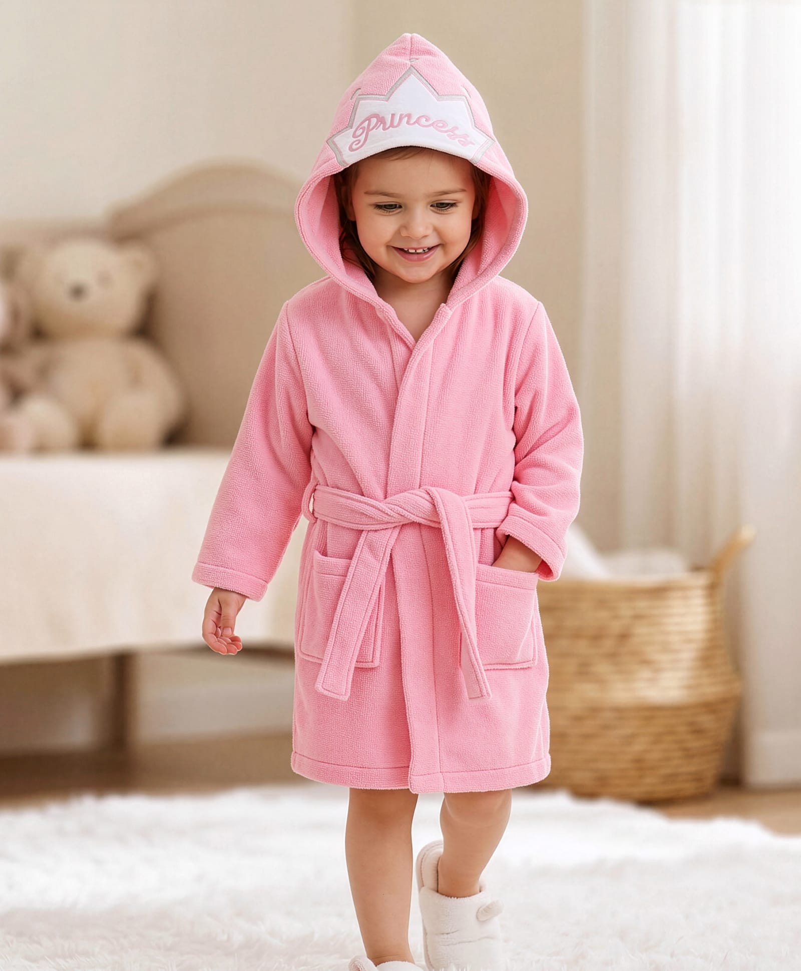 Babyhug Microfiber Velour Knit Full Sleeves Princess Embroidered Terry Hooded Bath Robe - Pink-image-30