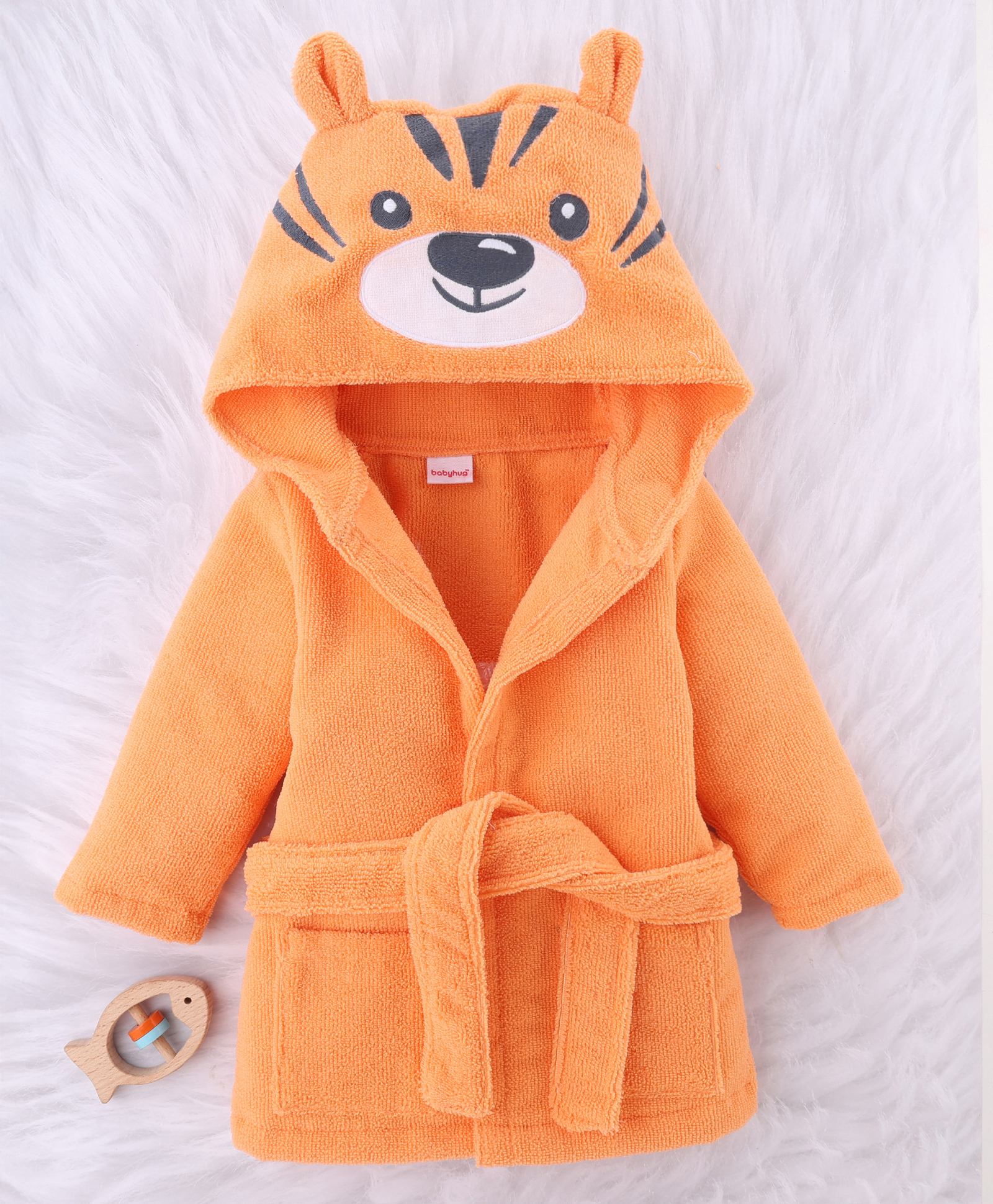 Babyhug Velour Knit Microfiber Tiger Print Unisex Terry Bath Robe With Hood & Embroidery - Orange