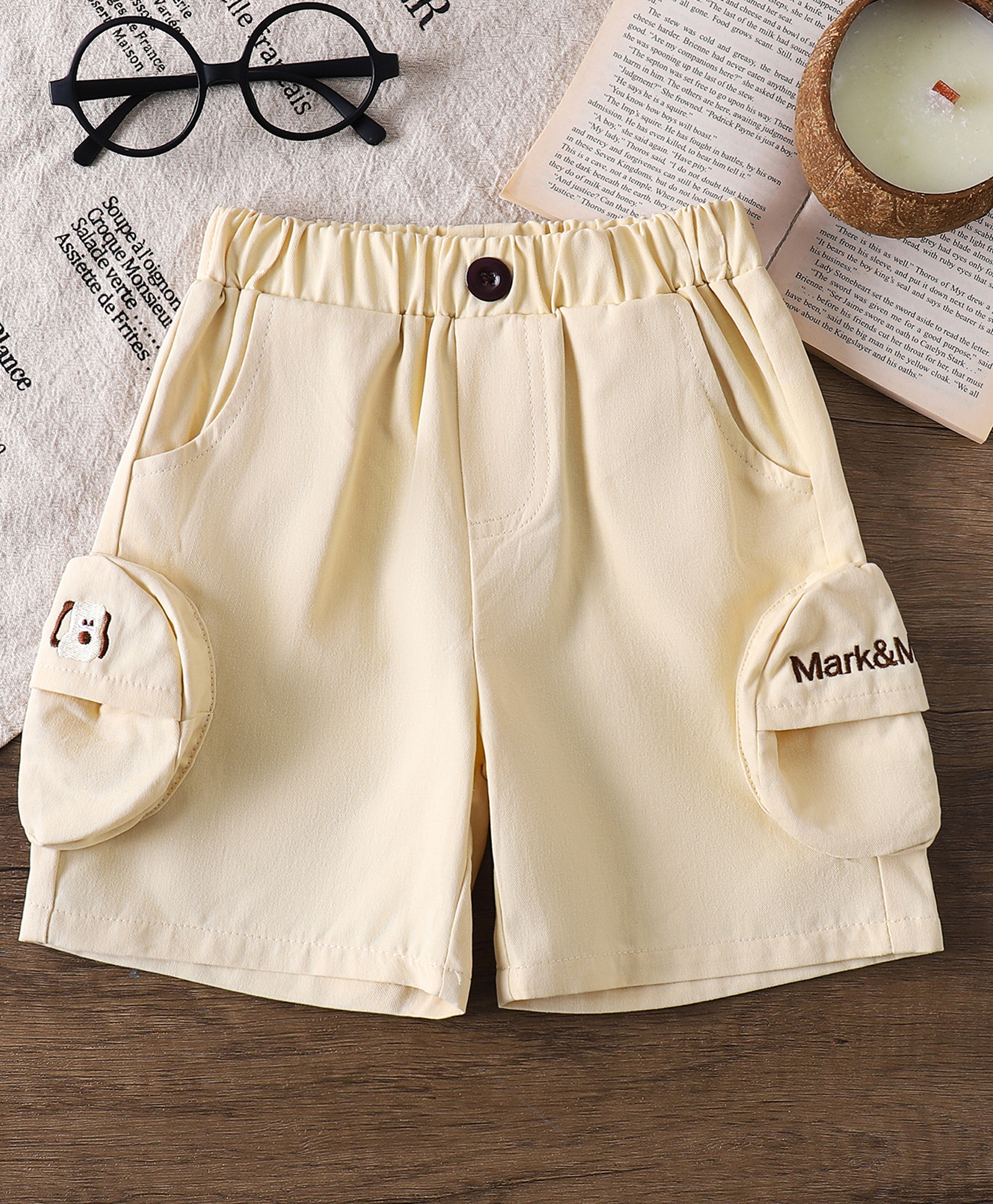 Mark & Mia Cotton Knee Length Solid Colour Shorts with Pocket & Embroidery Detailing- Beige-picture-40