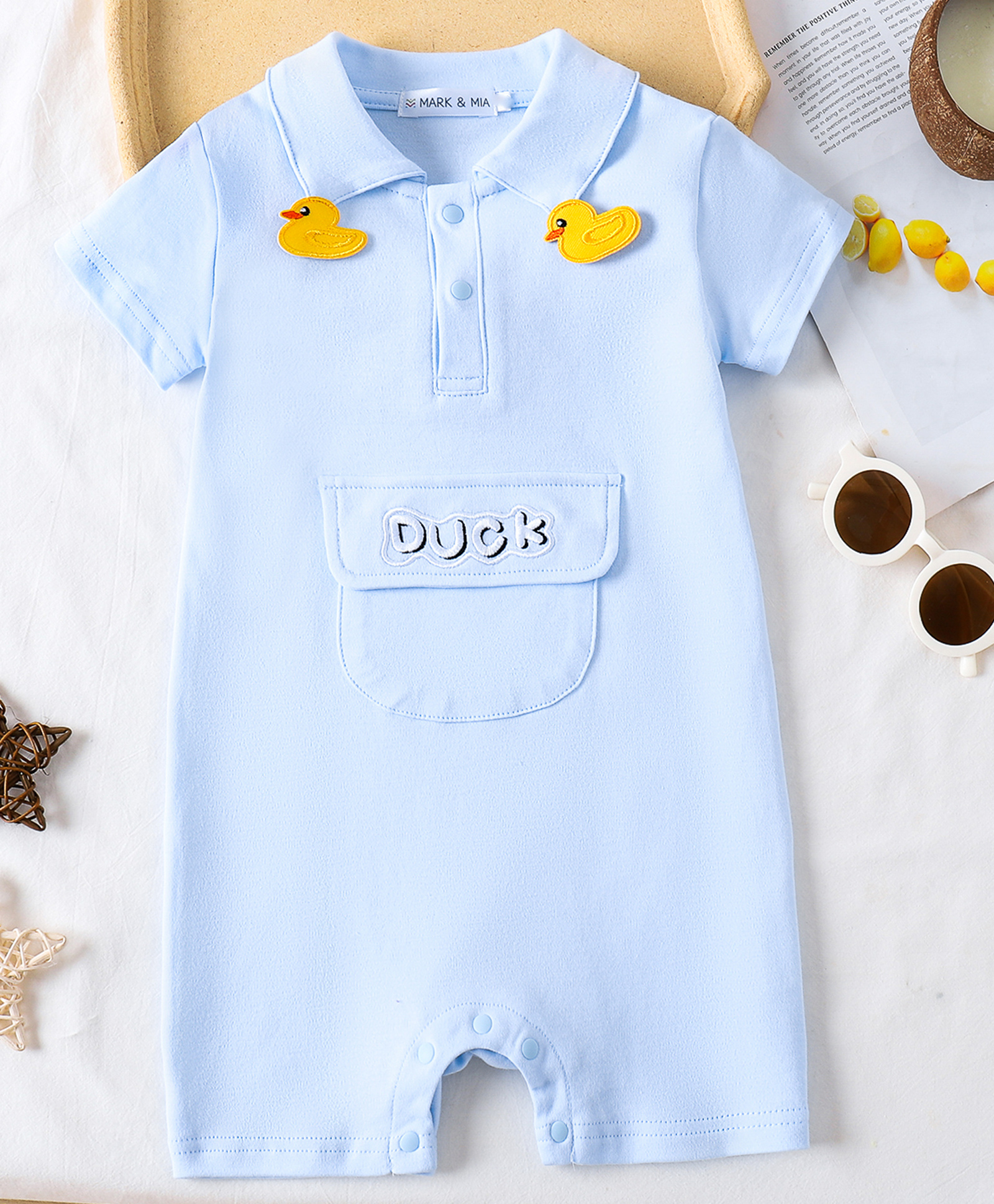 Mark & Mia Cotton Half Sleeves Solid Colour Romper with Duck Applique & Pocket - Light Blue-image-32