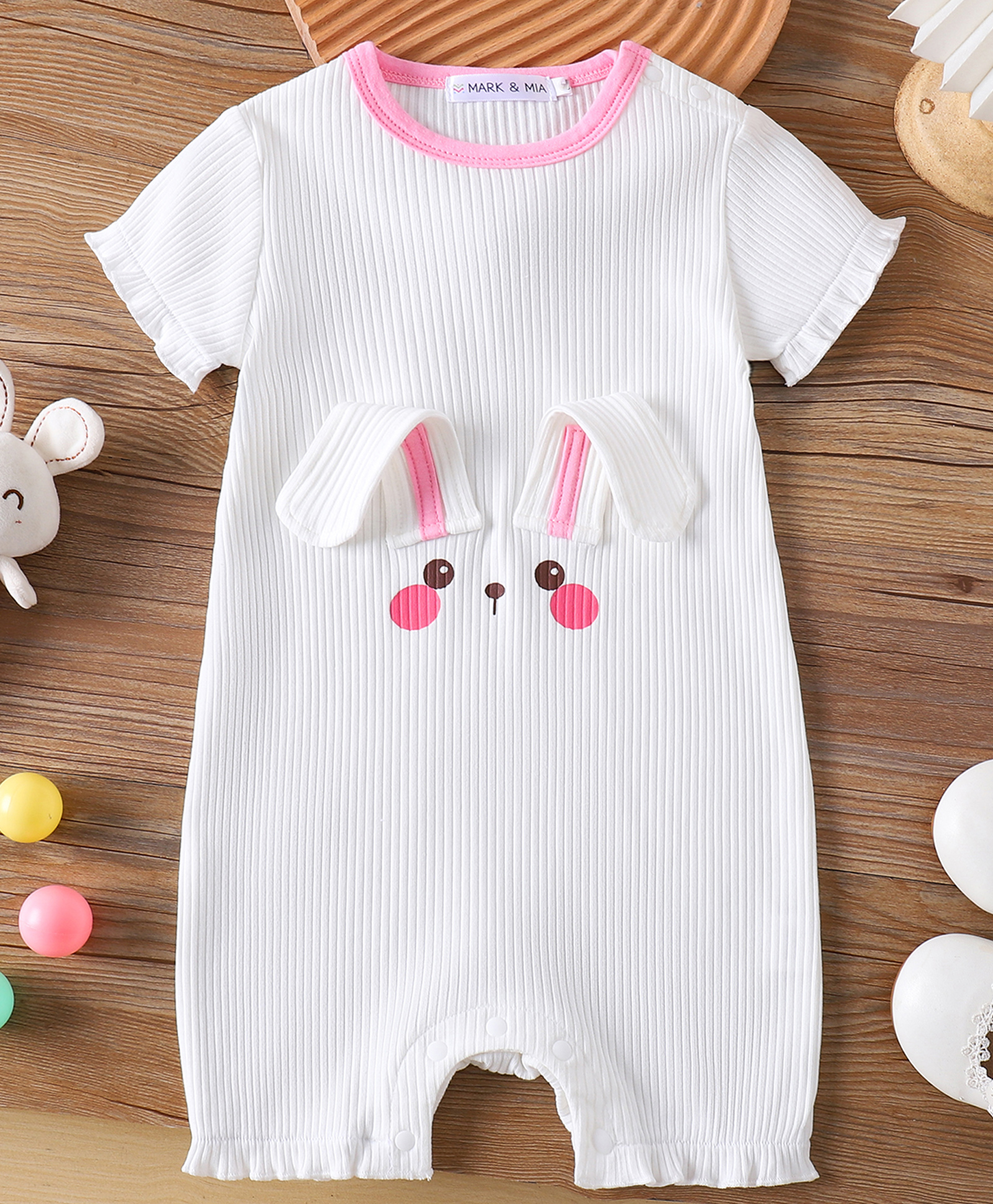Mark & Mia Cotton Half Sleeves Romper with Bunny Print & Applique - White-image-28