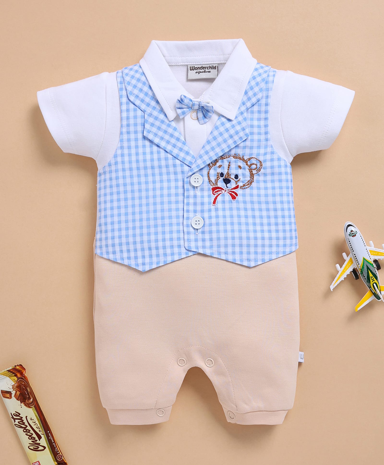 Wonderchild Half Sleeves Colour Blocked Bow Applique Detailed Romper With Attached Bear Embroidered & Gingham Checked Waistcoat - White & Biege-image-33