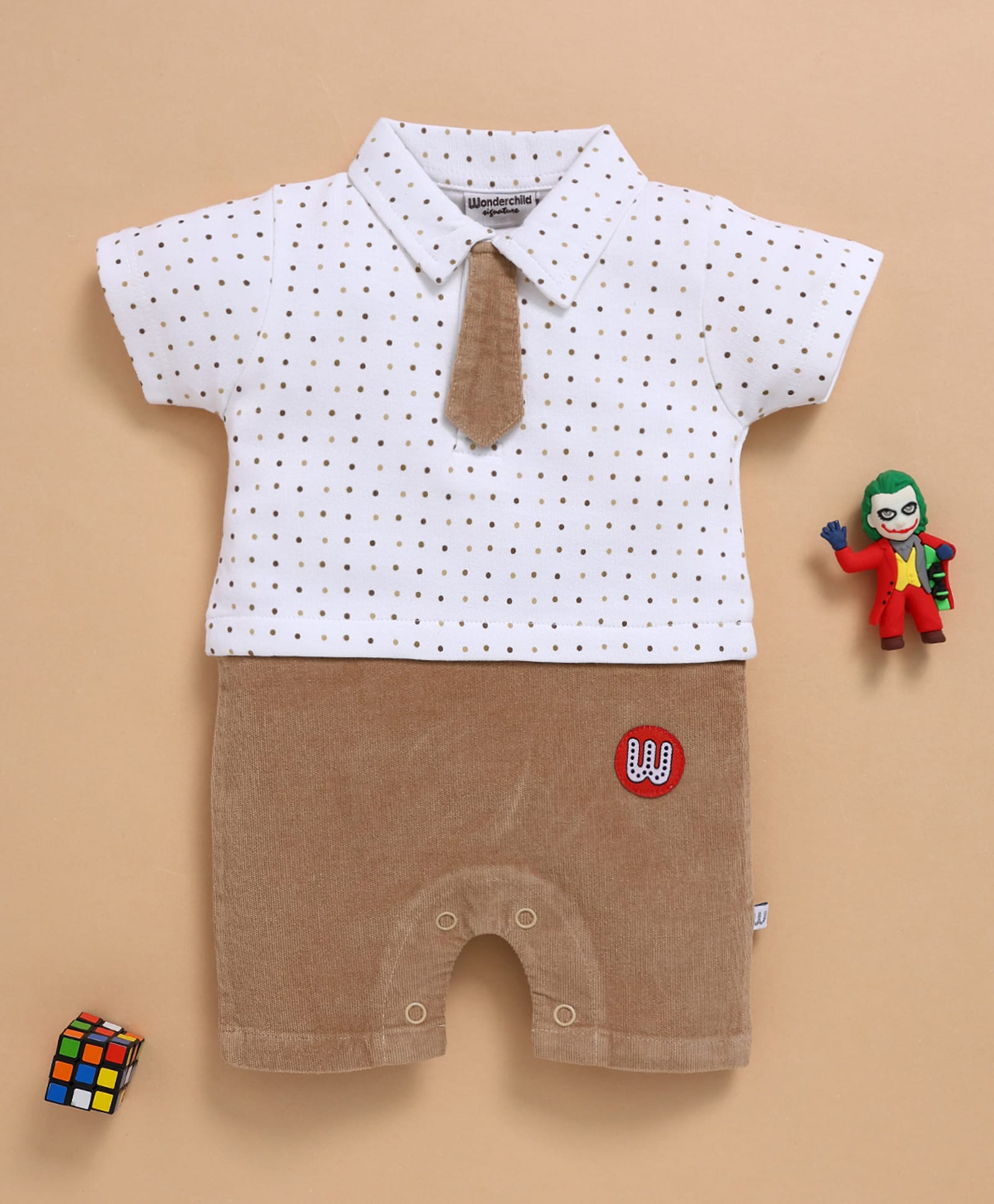 Wonderchild Half Sleeves Polka Dots Printed Tie Applique Detailed Colour Blocked Romper - White & Fawn-image-35