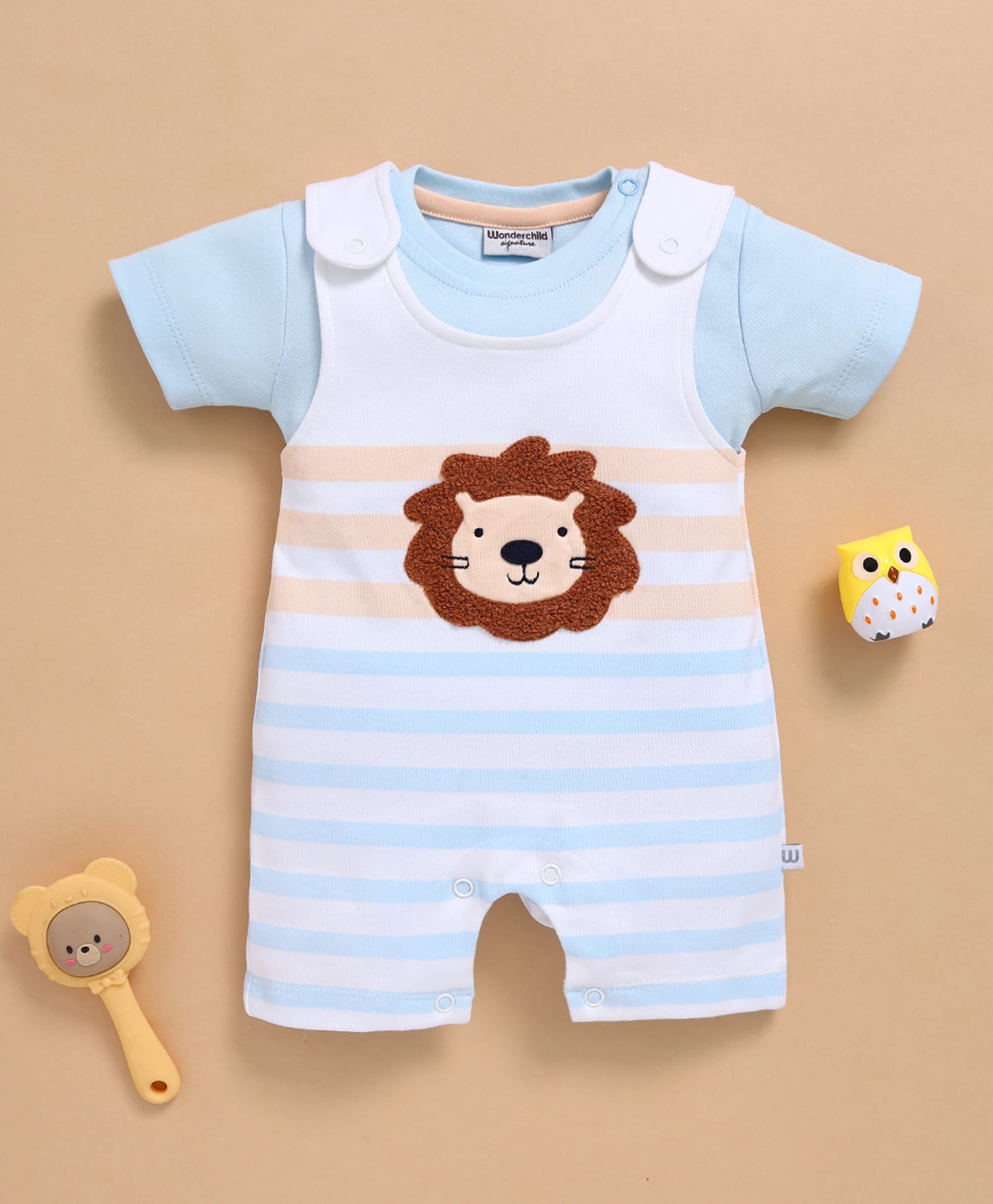 Wonderchild Striped & Lion Face Applique Detailed Dungaree With Half Sleeves Solid Tee - Blue & White
