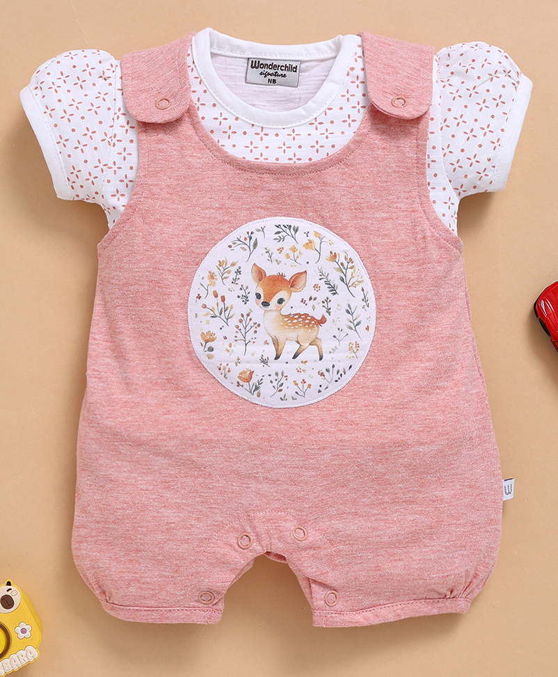 Wonderchild Fawn Printed Patch Detailed Dungaree WIth Half Puffed Sleeves Solid Top - White & Deep Peach