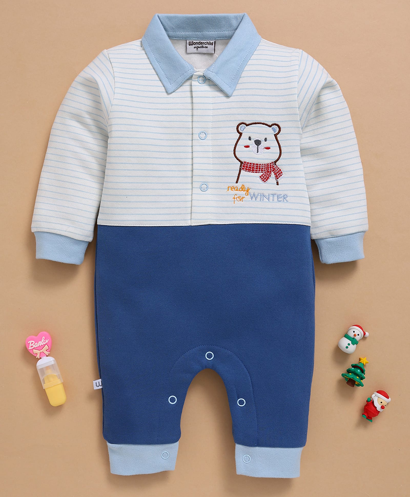 Wonderchild Full Sleeves Striped & Polar Bear Embroidered Colour Blocked Romper - White & Slate-image-47