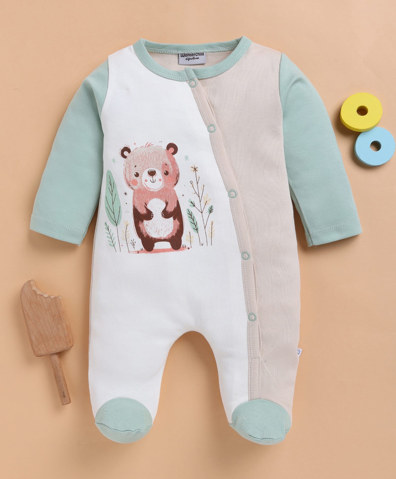 Wonderchild Full Sleeves Brown Bear Printed & Colour Blocked Footed Sleepsuit - White & Fawn