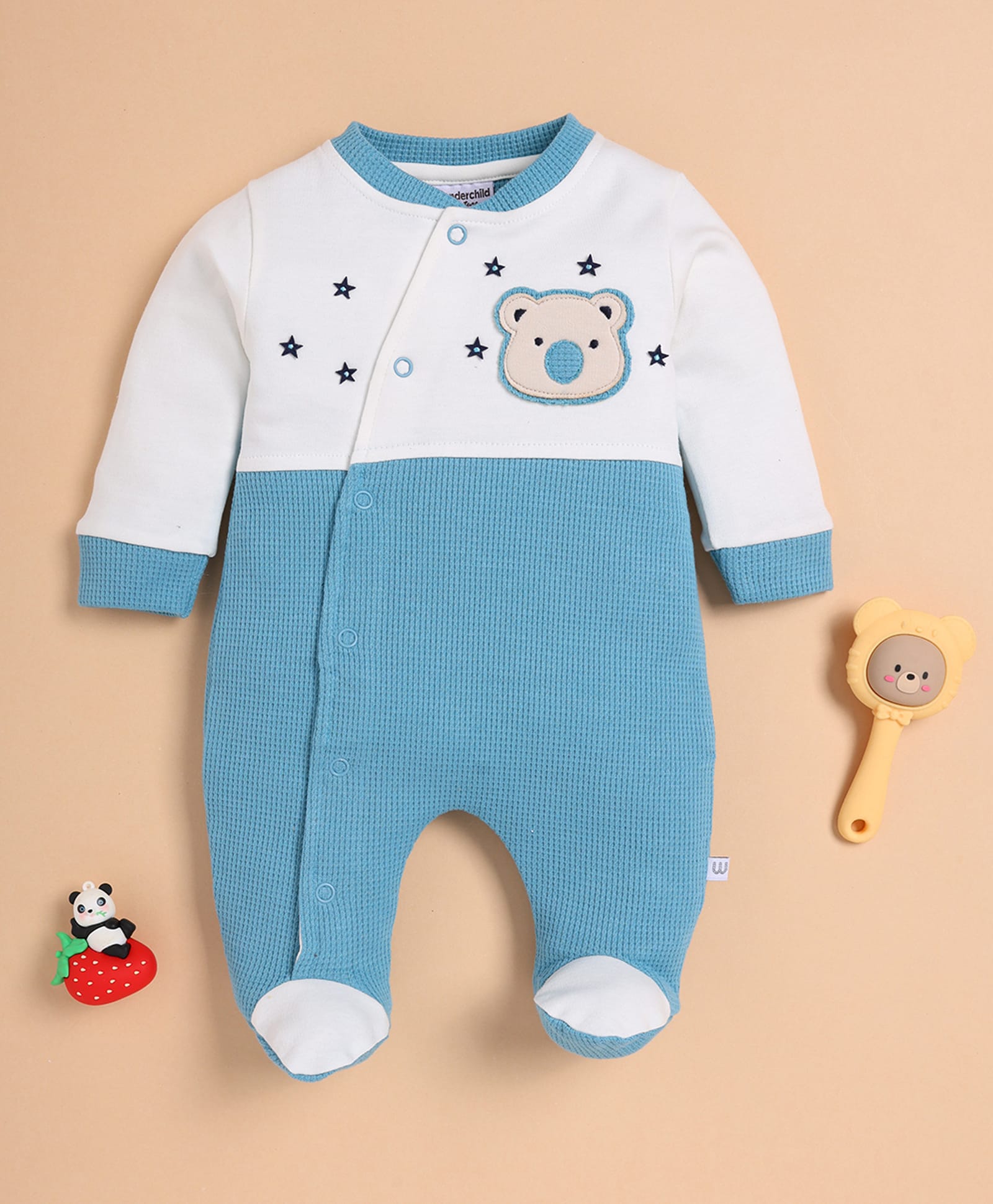 Wonderchild Full Sleeves Bear Patch Detailed & Colour Blocked Footed Sleepsuit - White & New Blue-image-36
