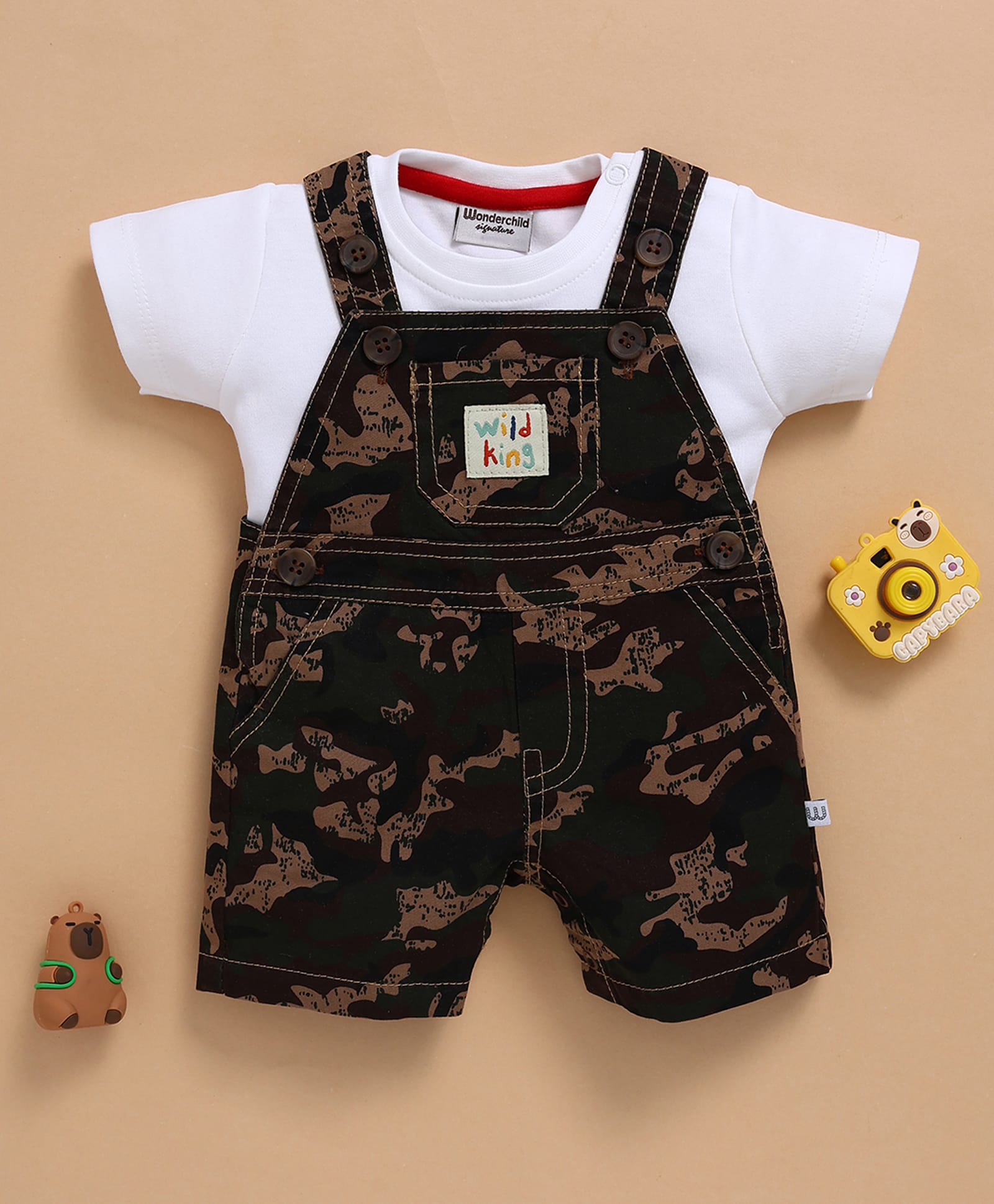 Wonderchild Half Sleeves Wild King Text Patch Detailed Dungaree With Solid Tee - White-image-19