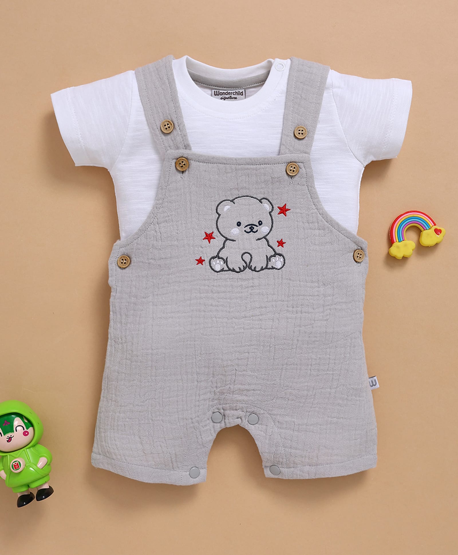 Wonderchild Bear Embroidered Dungaree With Half Sleeves Solid Tee - White & Grey-image-22
