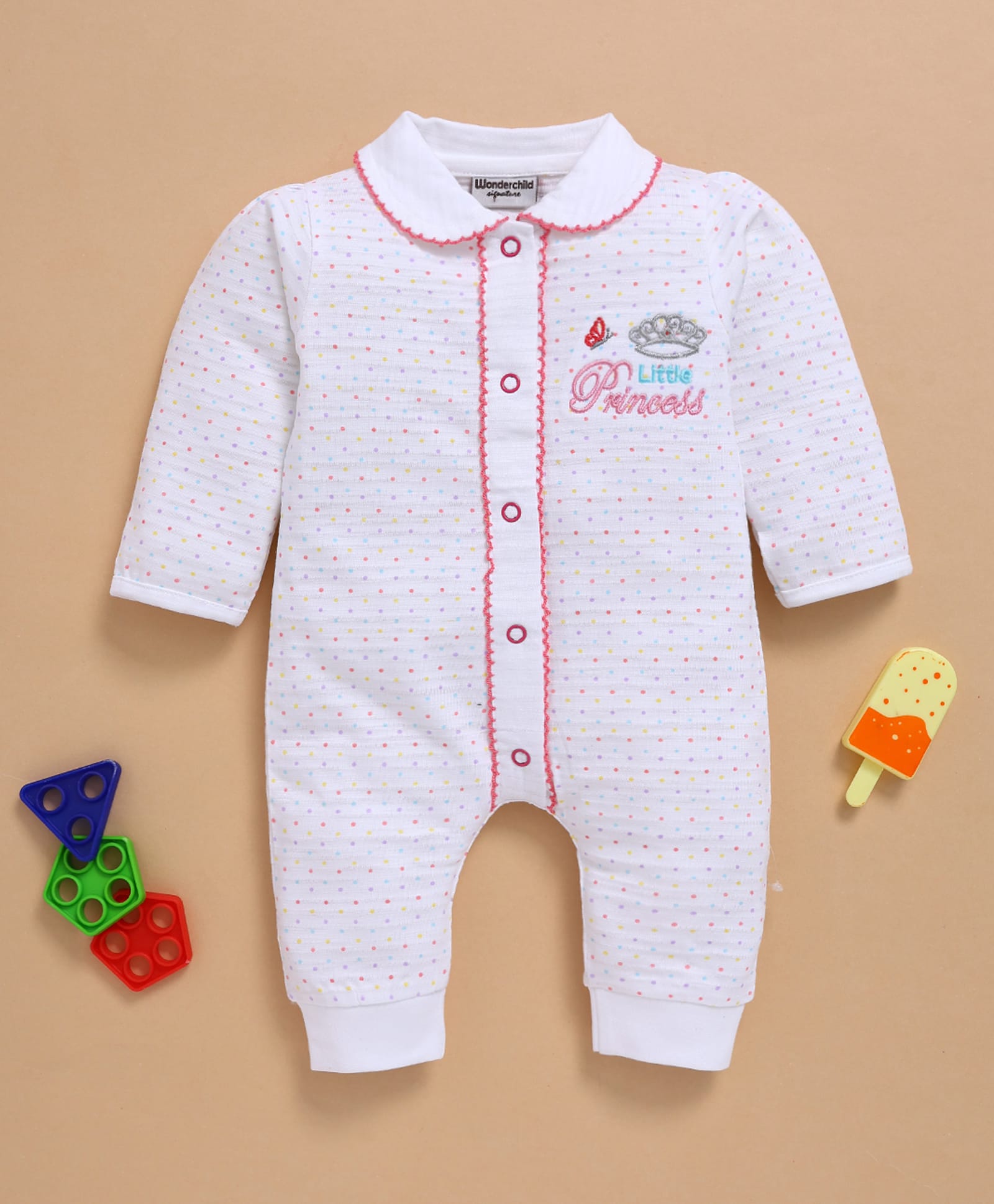 Wonderchild Full Sleeves Polka Dots Printed & Little Princess Text Embroidered Romper - White-image-36