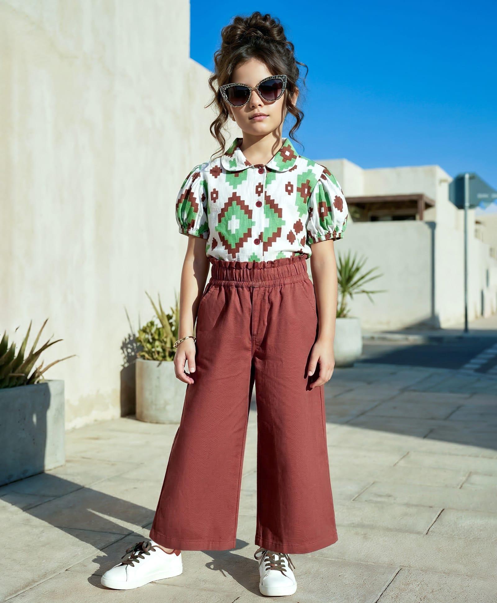 OLLINGTON ST. Rayon Woven Printed Half Sleeves Top & Twill Culottes Set - Multicolour & Brown-image-11