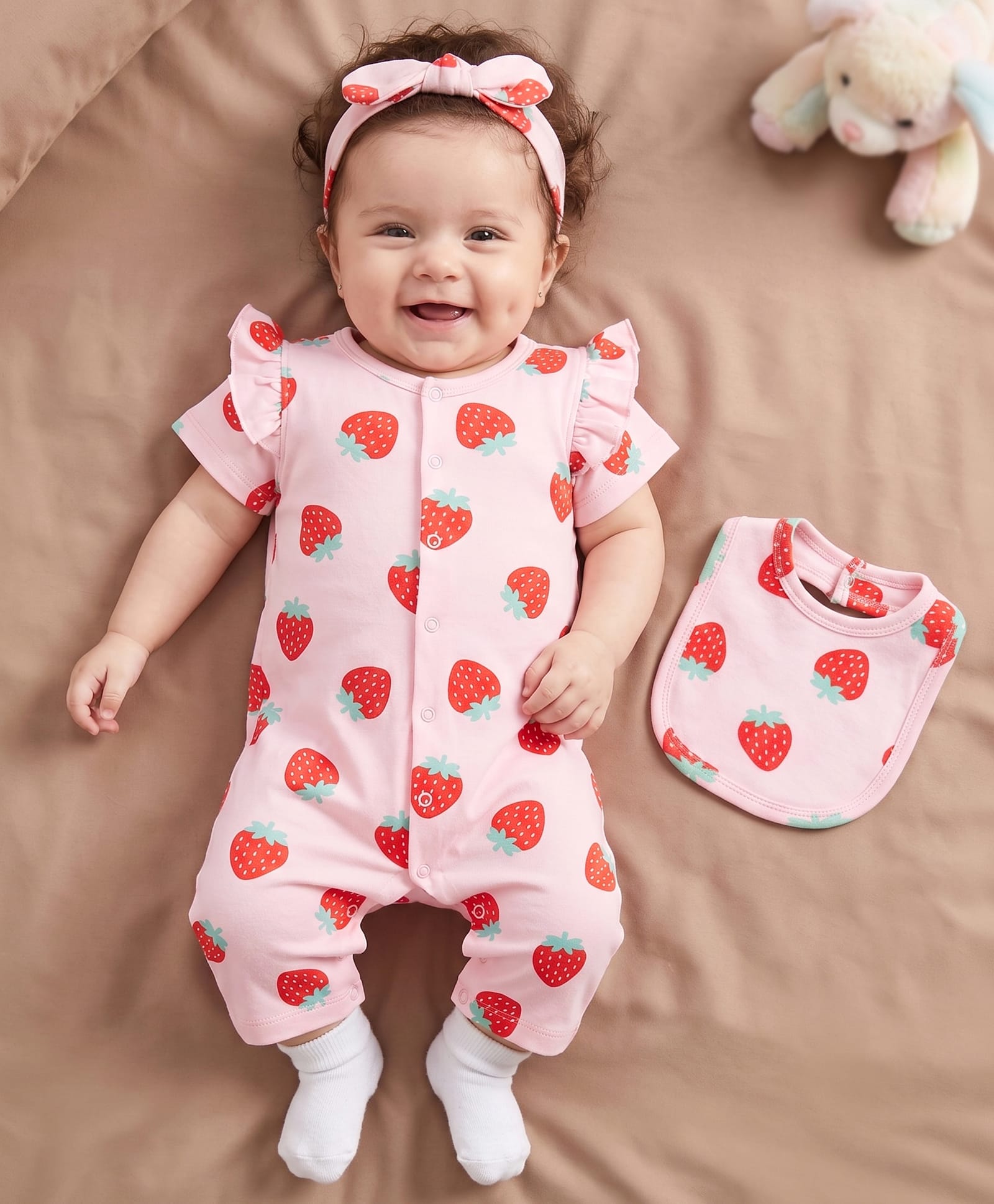 Doodle Poodle 100% Cotton Knit Half Sleeves Strawberry Printed Romper With Headband & Bib - Pink-image-48