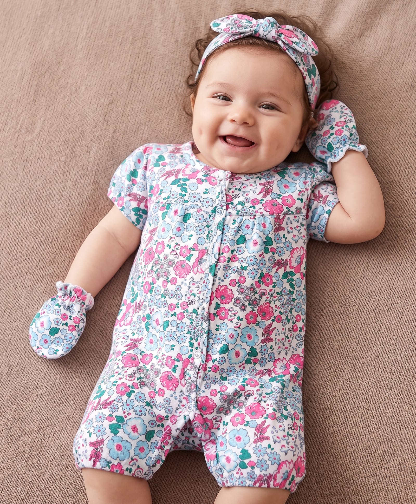Doodle Poodle 100% Cotton Interlock Knit Half Sleeves Floral Printed Romper With Hairband & Mittens - Bright White-picture-37