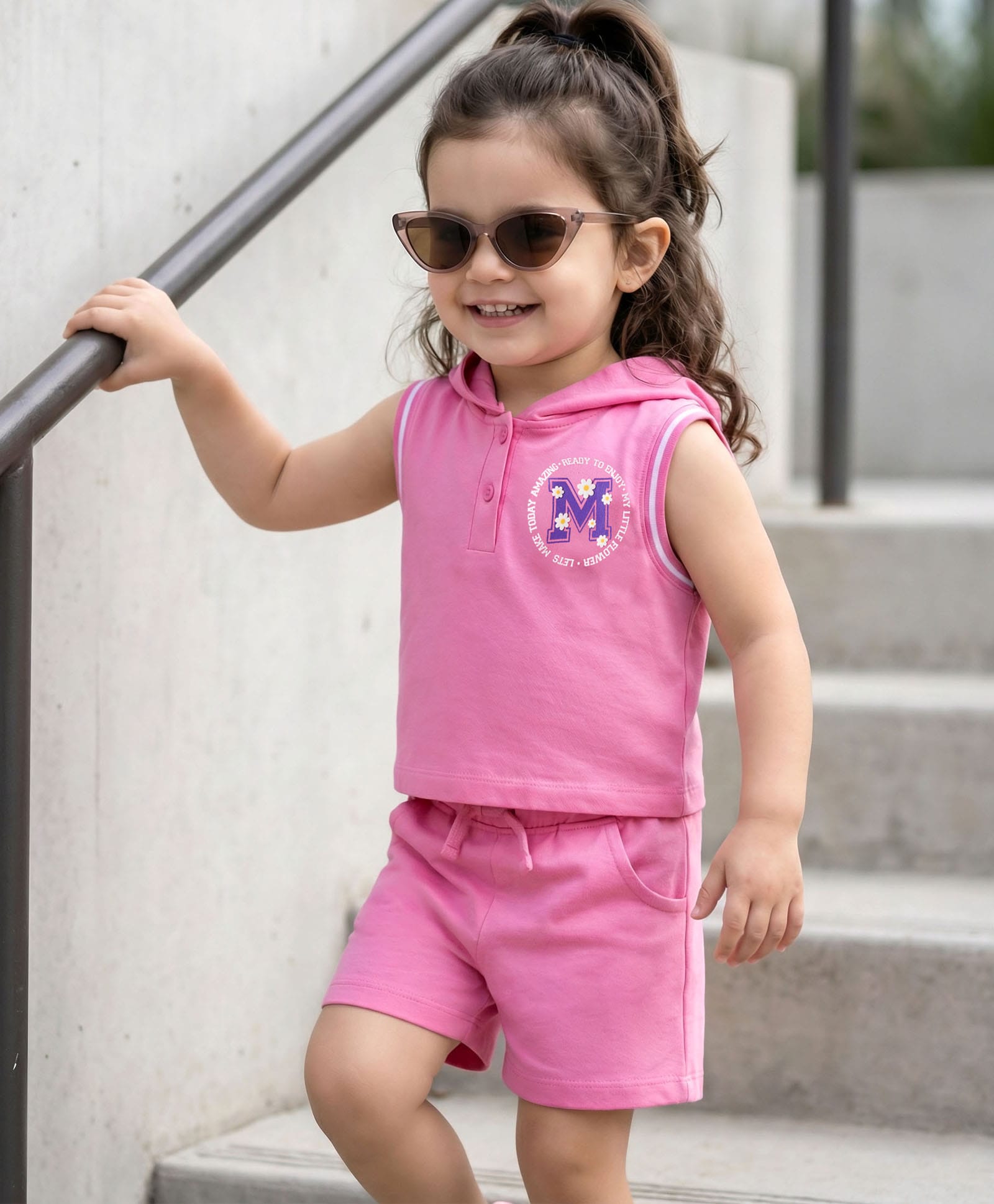 Babyhug Terry Knit Sleeveless Hooded Top with Text Print & Shorts Set - Pink-image-30