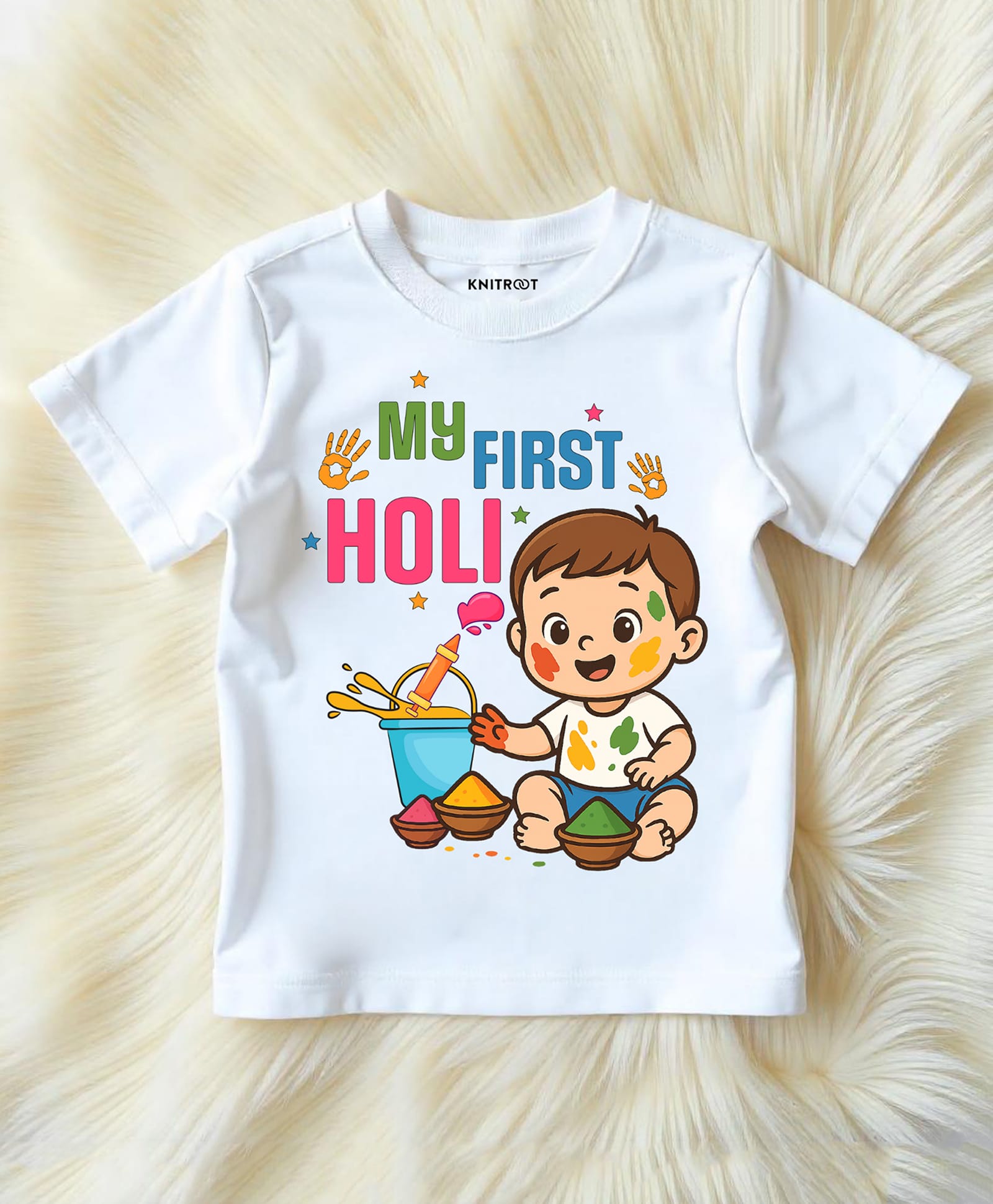 KNITROOT Cotton Knit Holi Theme Half Sleeves My First Holi Text Printed Tee - White