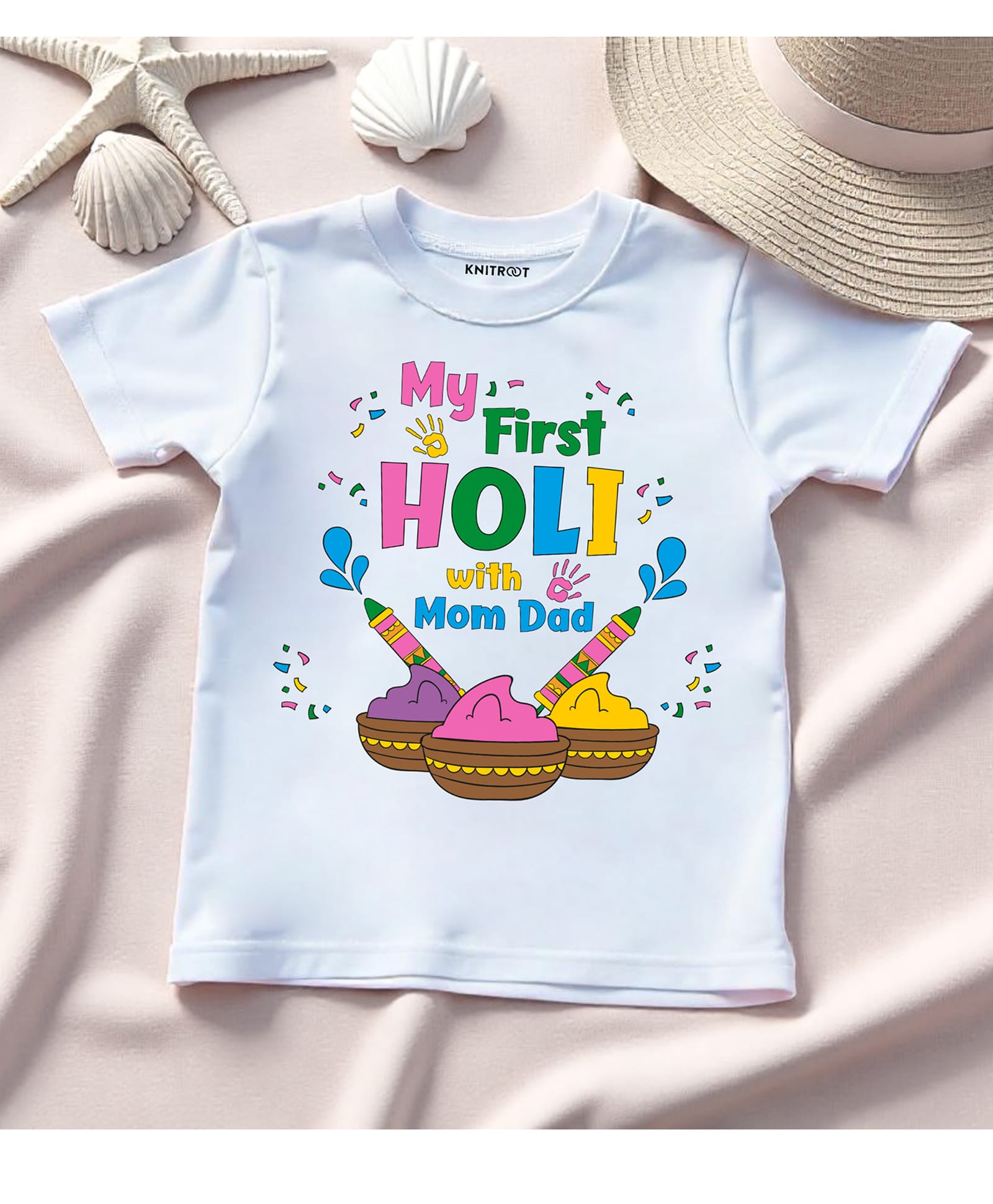 KNITROOT Cotton Knit Holi Theme Half Sleeves My First Holi With Mom Dad Text Printed Tee - White