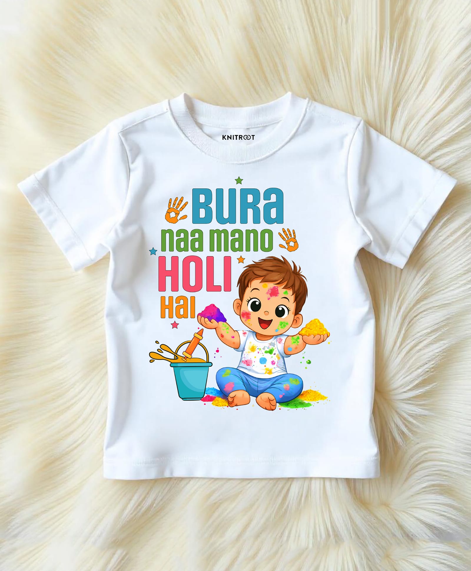 KNITROOT Cotton Knit Holi Theme Half Sleeves Bura Naa Mano Holi Hai Text Printed Tee - White
