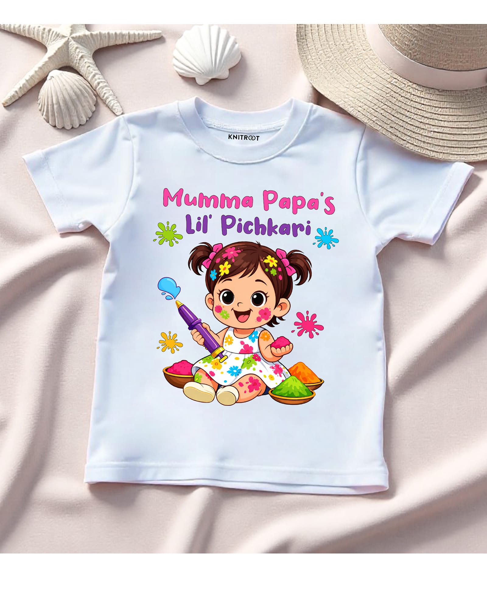 KNITROOT Cotton Knit Holi Theme Half Sleeves Mumma Papa'S Lil' Pichkari Text Printed Tee - White