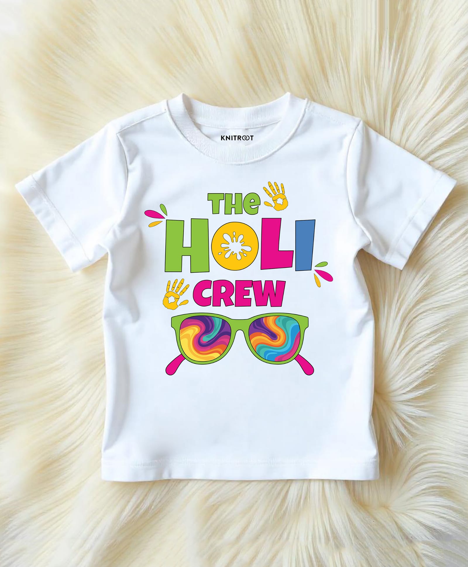 KNITROOT Cotton Knit Holi Theme Half Sleeves The Holi Crew Text Printed Tee - White