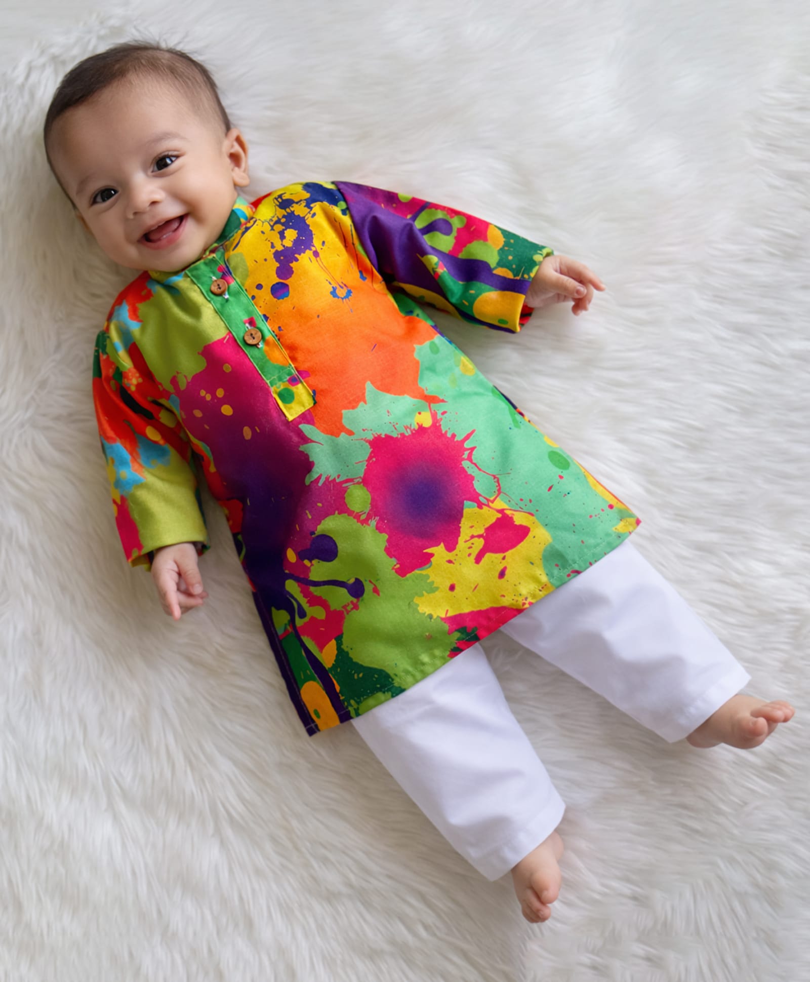 KNITROOT Cotton Blend Woven Holi Theme Full Sleeves Colour Splash Printed Kurta & Pyjama Set - Multi Colour