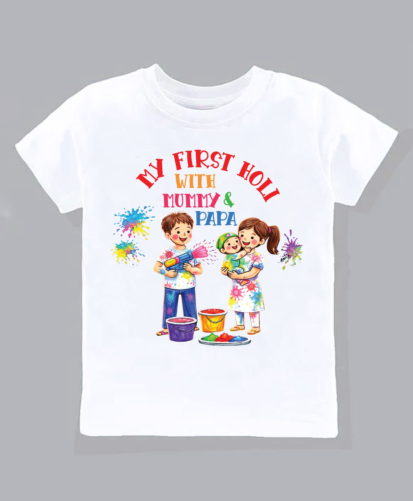 KNITROOT Cotton Knit Holi Theme Half Sleeves My First Holi With Mumma & Papa Text Printed Tee - White