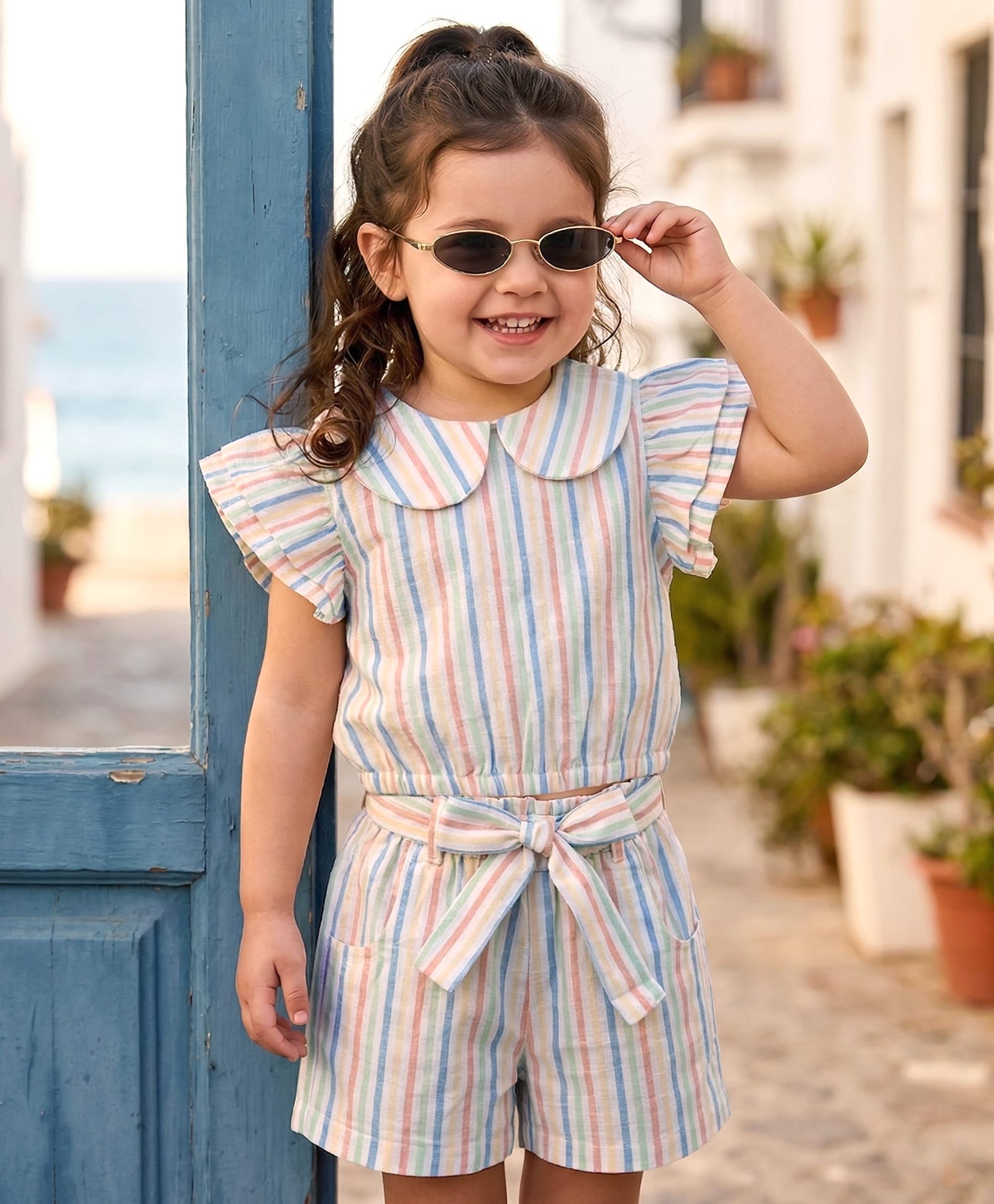 Babyhug Seer-Sucker Woven Half Sleeves Striped Top & Shorts Set With Belt - Multicolor-image-39