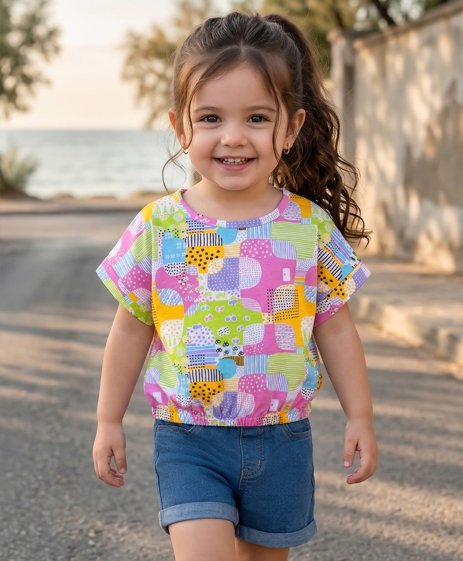 Babyhug Single Jersey Knit Half Sleeves Printed Top & Denim Shorts Set - Multicolor-image-19