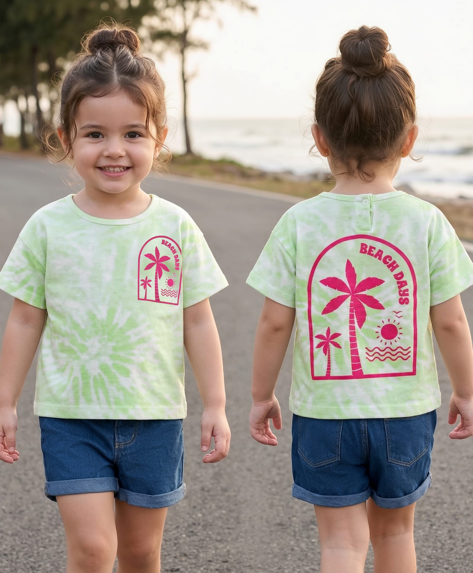 Babyhug Single Jersey Knit Half Sleeves Top & Denim Shorts Set With Beach Print - Light Green & Blue-image-38