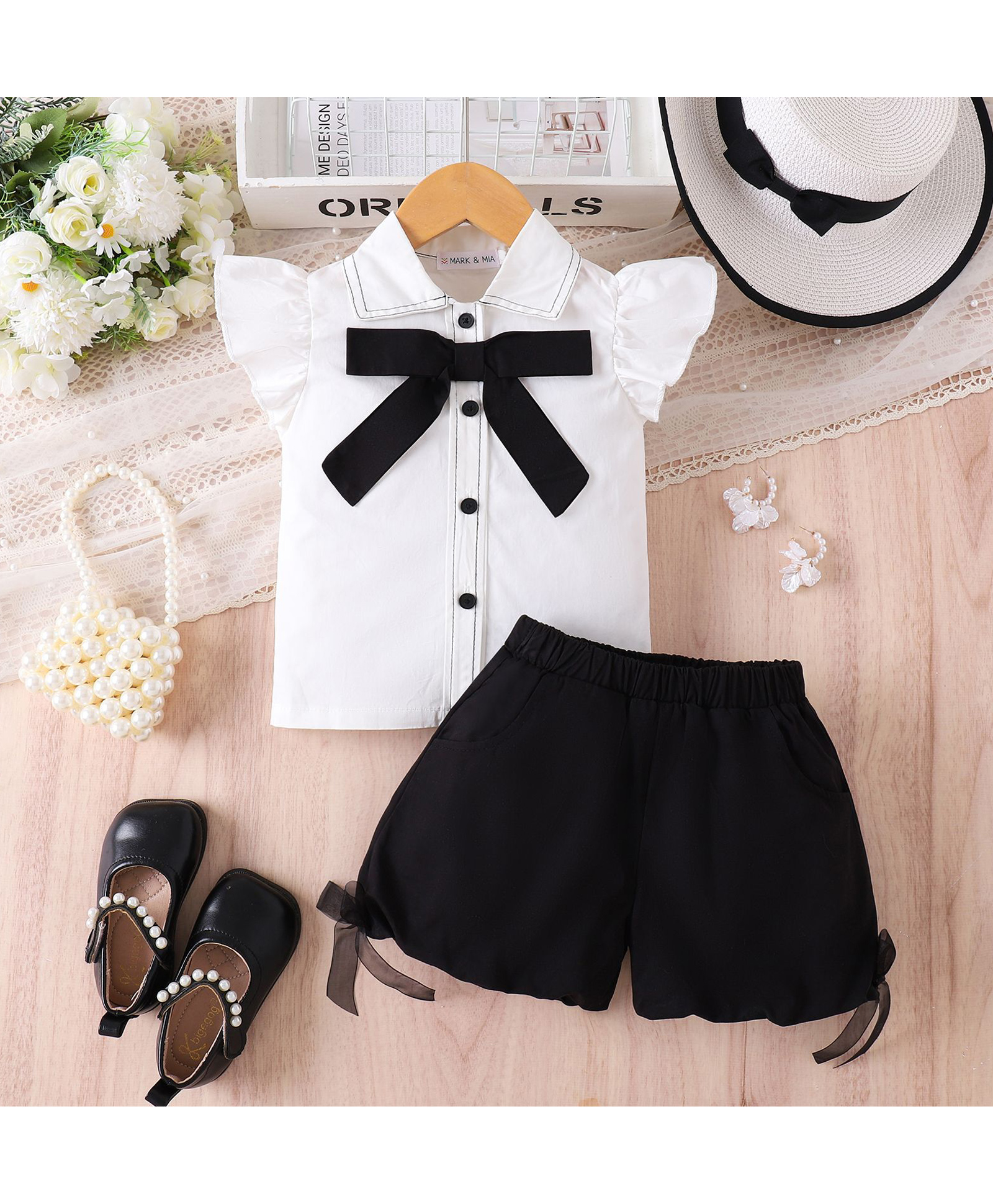 Mark & Mia Cotton Frill Sleeves Top & Skirt Set With Bow Applique - White & Black-image-48