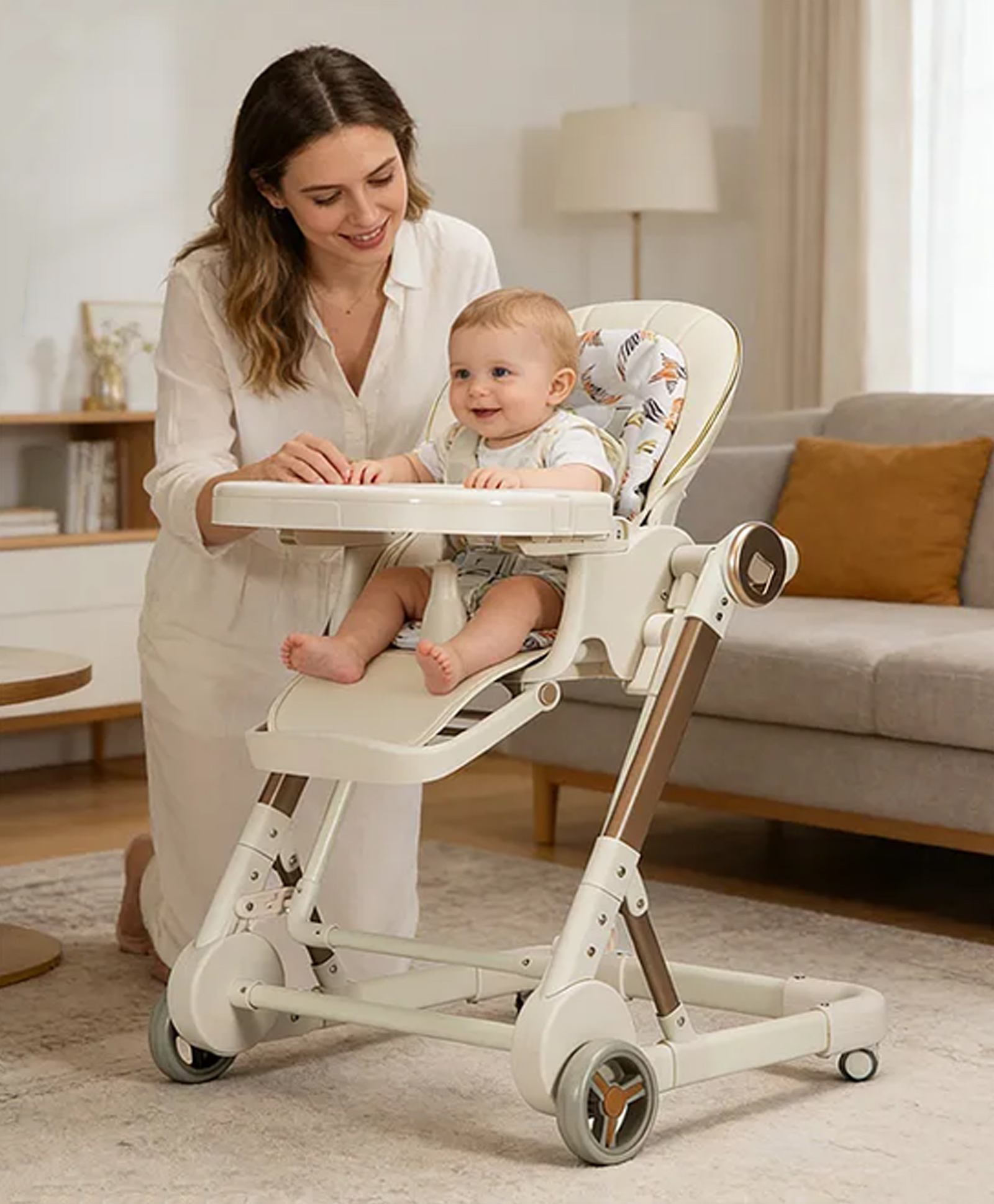 Foldable Baby High Chair with Swing Adjustable Height Compact Fold Reclining Seat Unfold & Use Infant to Toddler 6 Months4 Years Removable Double Food Tray Cushion Seat- Beige-image-48