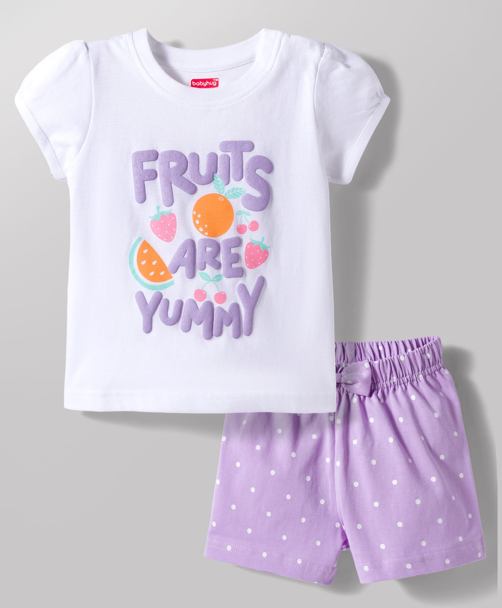 Babyhug Cotton Knit Half Sleeves T-Shirt & Shorts Night Suit With Fruits & Polka Dot Print - White-image-23