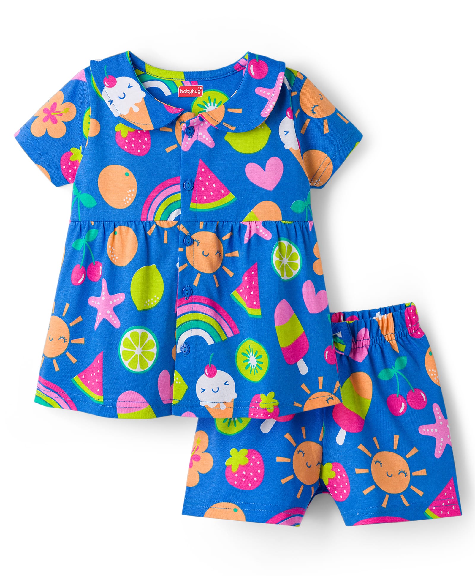 Babyhug Cotton Knit Half Sleeves Co-ords T-Shirt & Shorts Night Suit with Tropical Theme Print - Blue-image-36