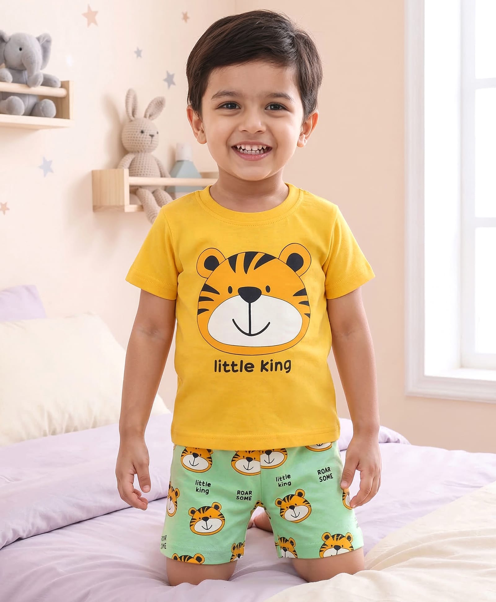 Babyhug Cotton Knit Half Sleeves Tiger Printed T-Shirt & Shorts Night Suit - Orange & Light Green-image-16