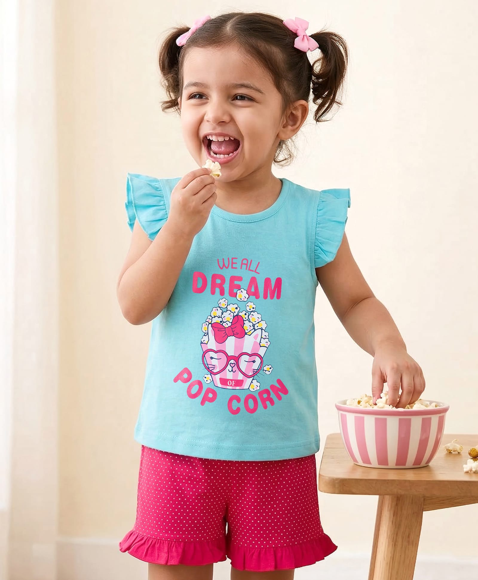 Babyhug Cotton Knit Half Sleeves Popcorn Printed T-Shirt & Shorts Night Suit With Polka Dots Print - Light Blue & Pink-image-1